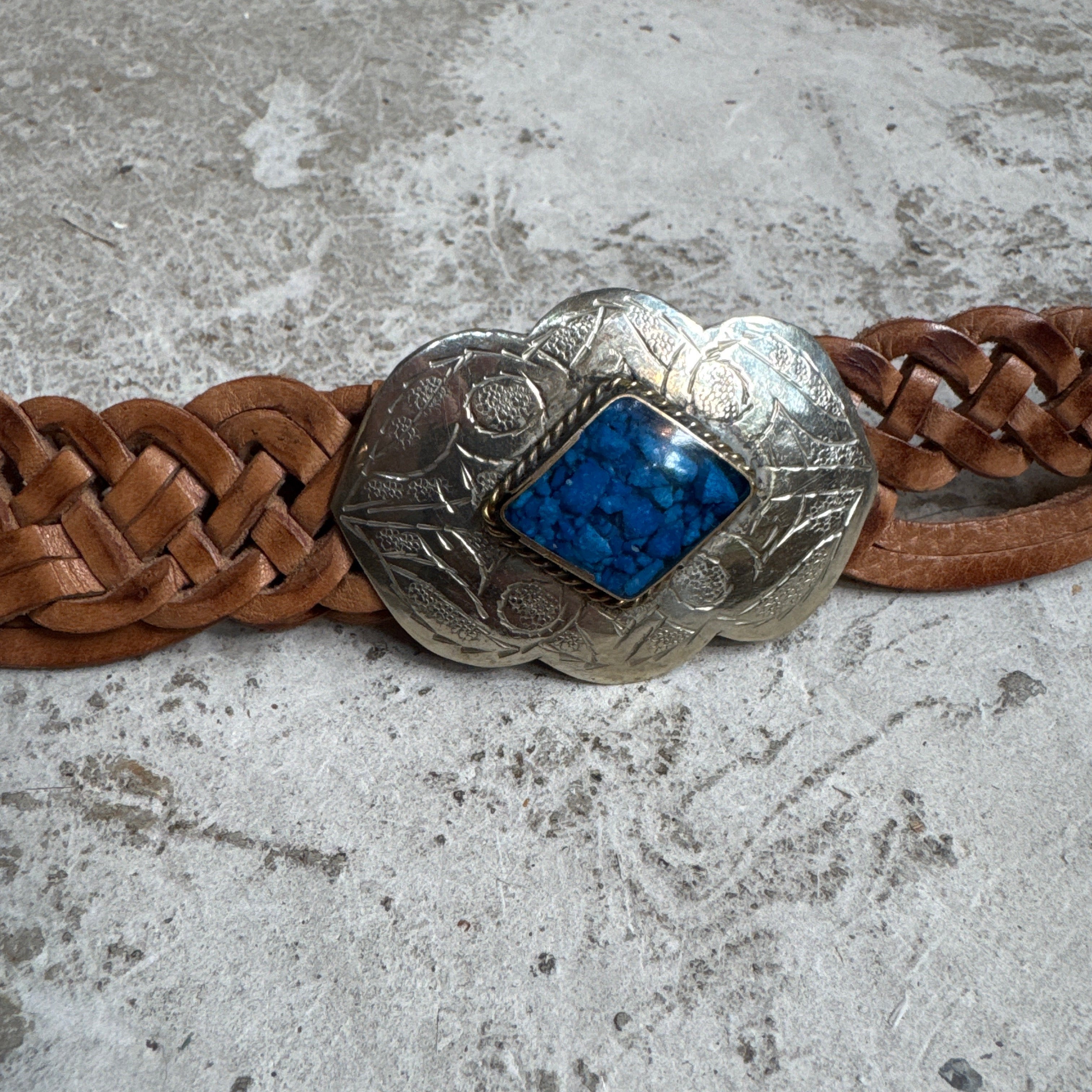 Tan Braided Leather Belt – Silver Diamond Buckle with Blue Resin