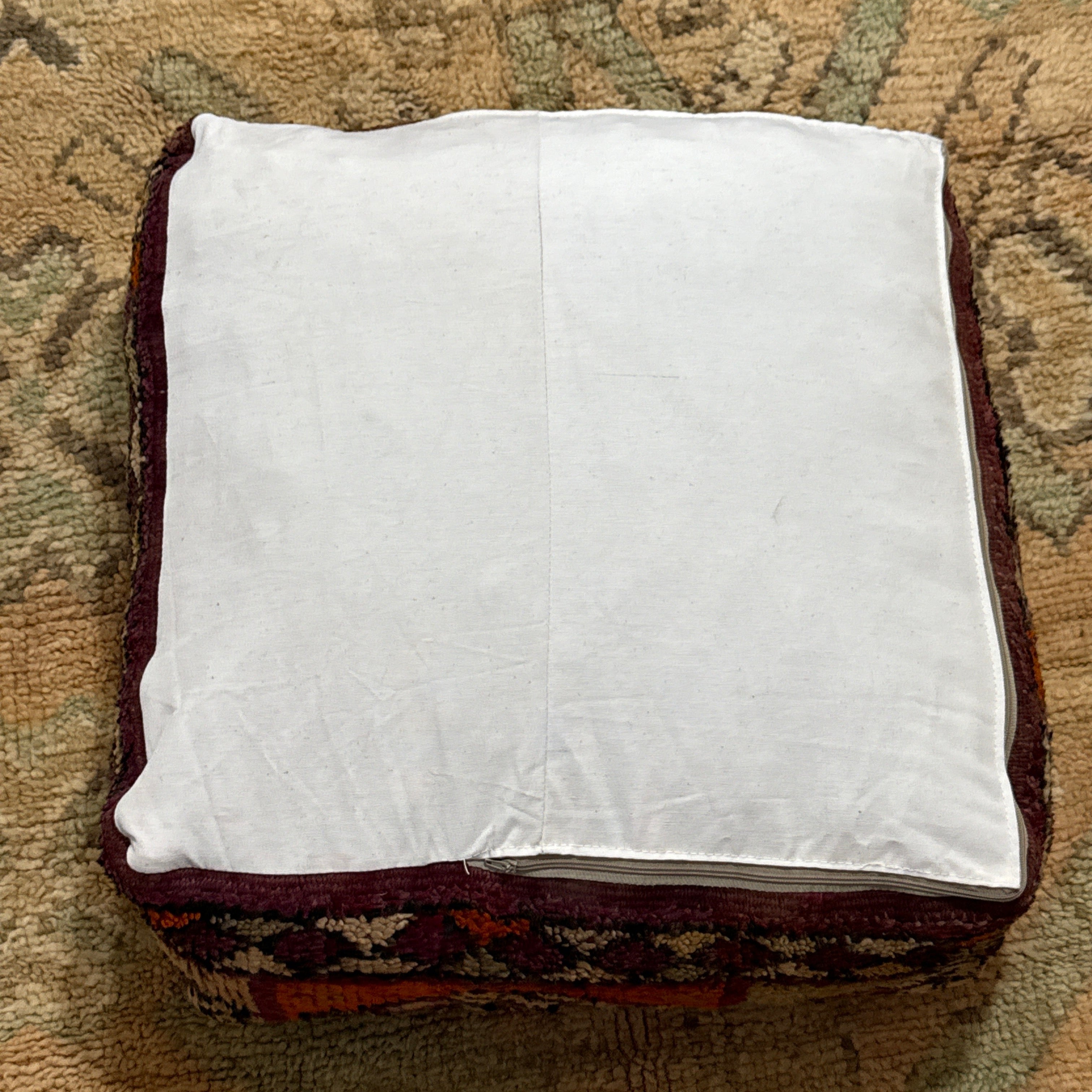 Vintage Moroccan Boujaad Pouffe – Purple & Orange Diamond Motif (60×60×20 cm)