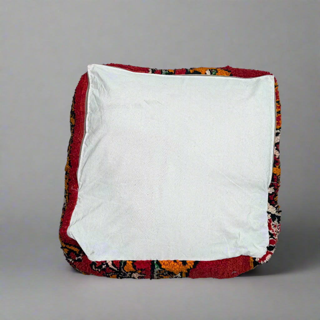 Handmade Moroccan Boujaad Pouffe – 60x60cm Vintage Wool Floor Cushion (Red & Orange)