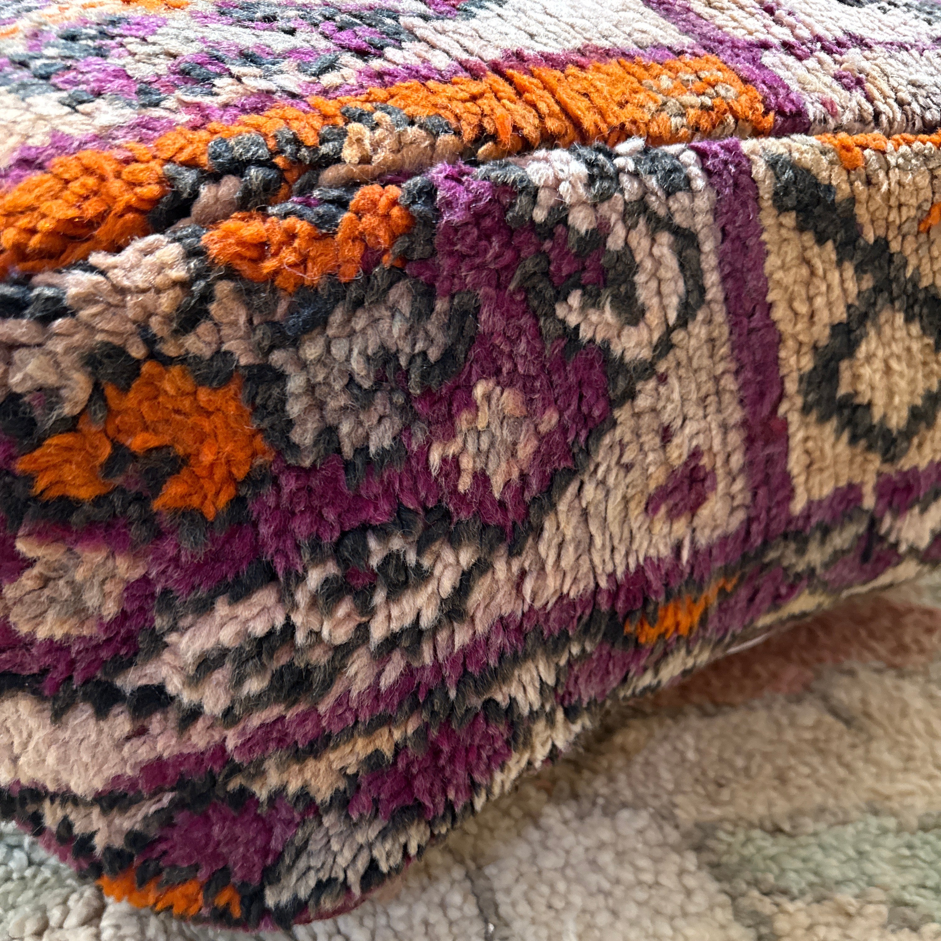 Vintage Moroccan Boujaad Pouffe – Purple & Orange Diamond Motif (60×60×20 cm)