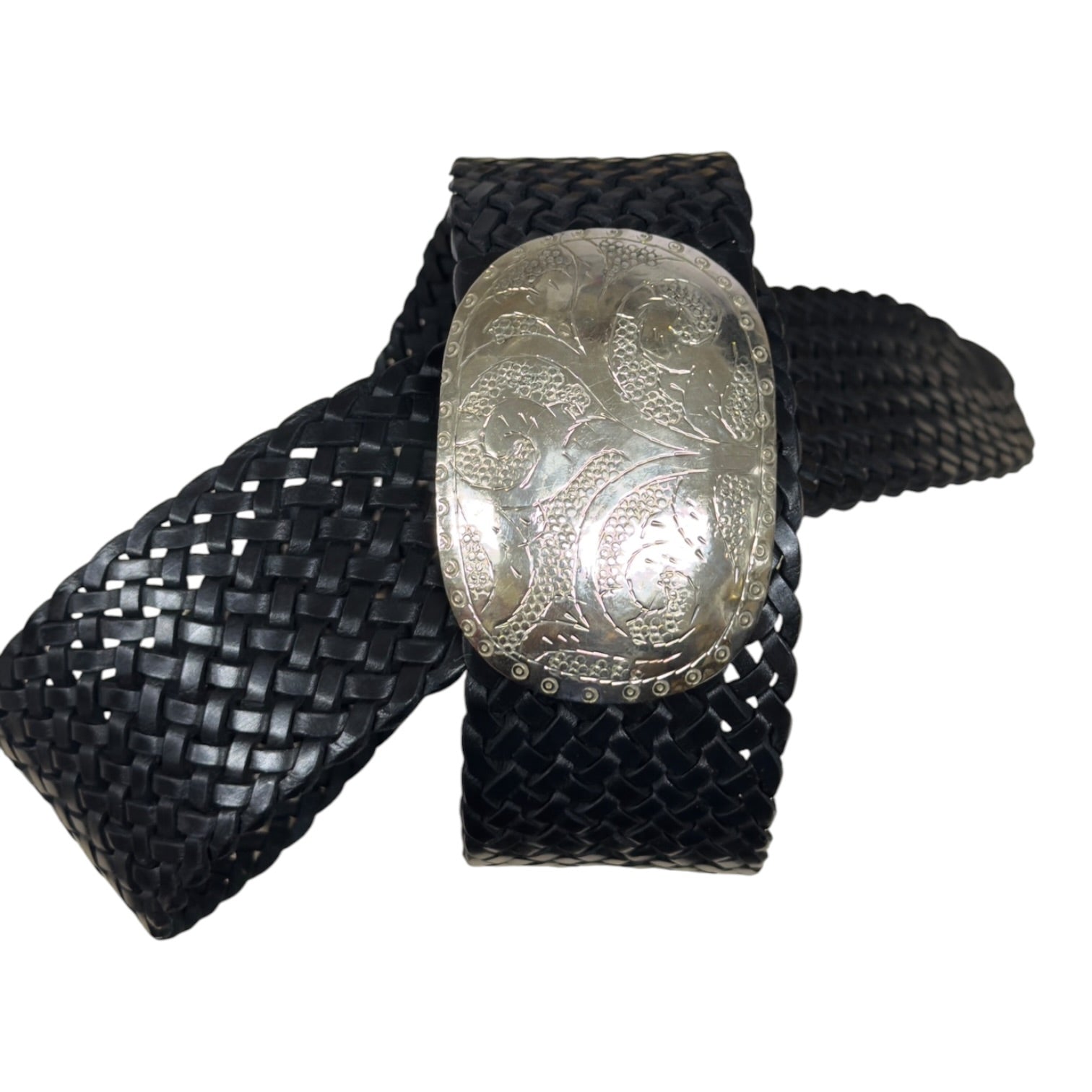 Wide Moroccan Braided Leather Belt with Silver Oval Buckle