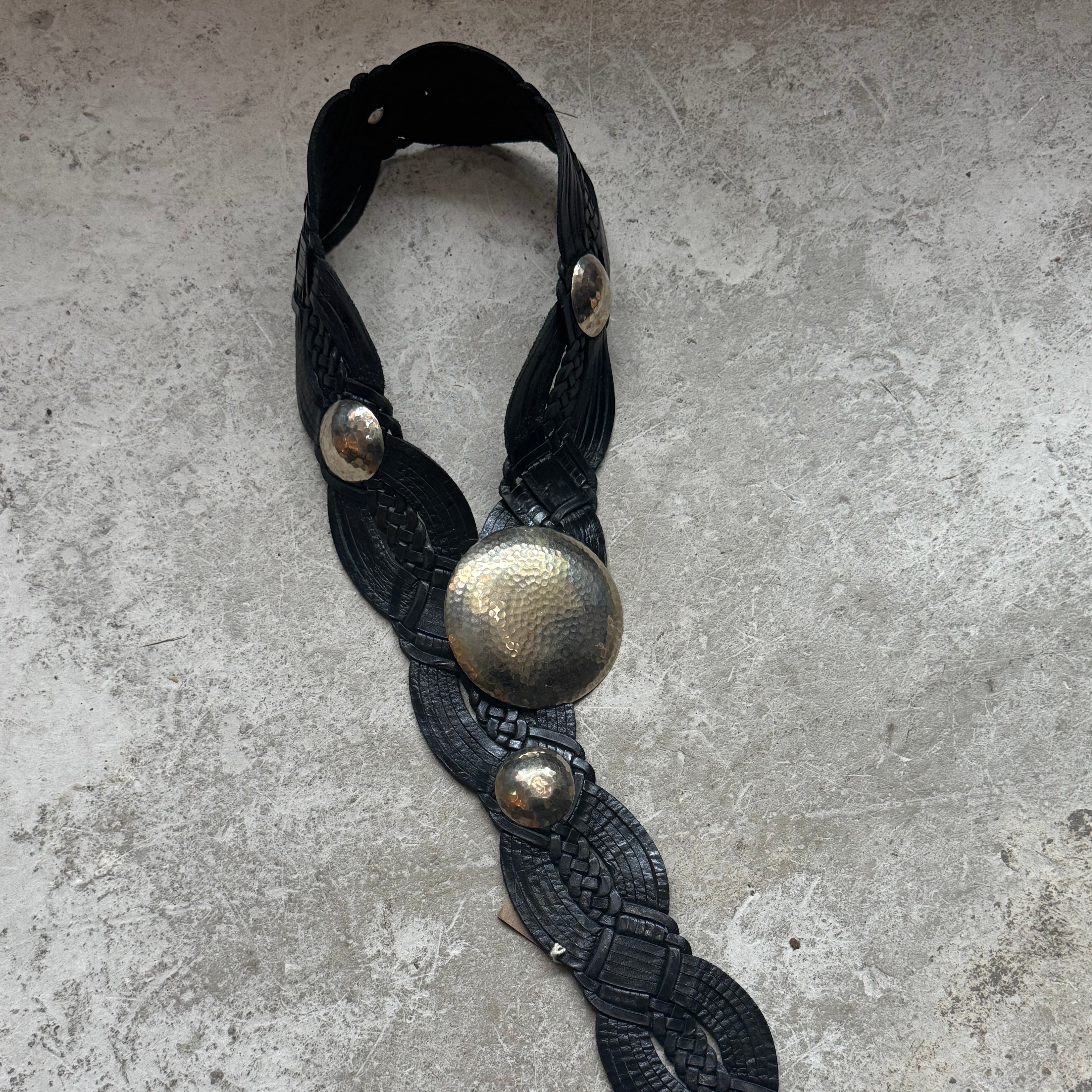 Black Boho western woven Leather Belt – Vintage Look, Silver Buckle