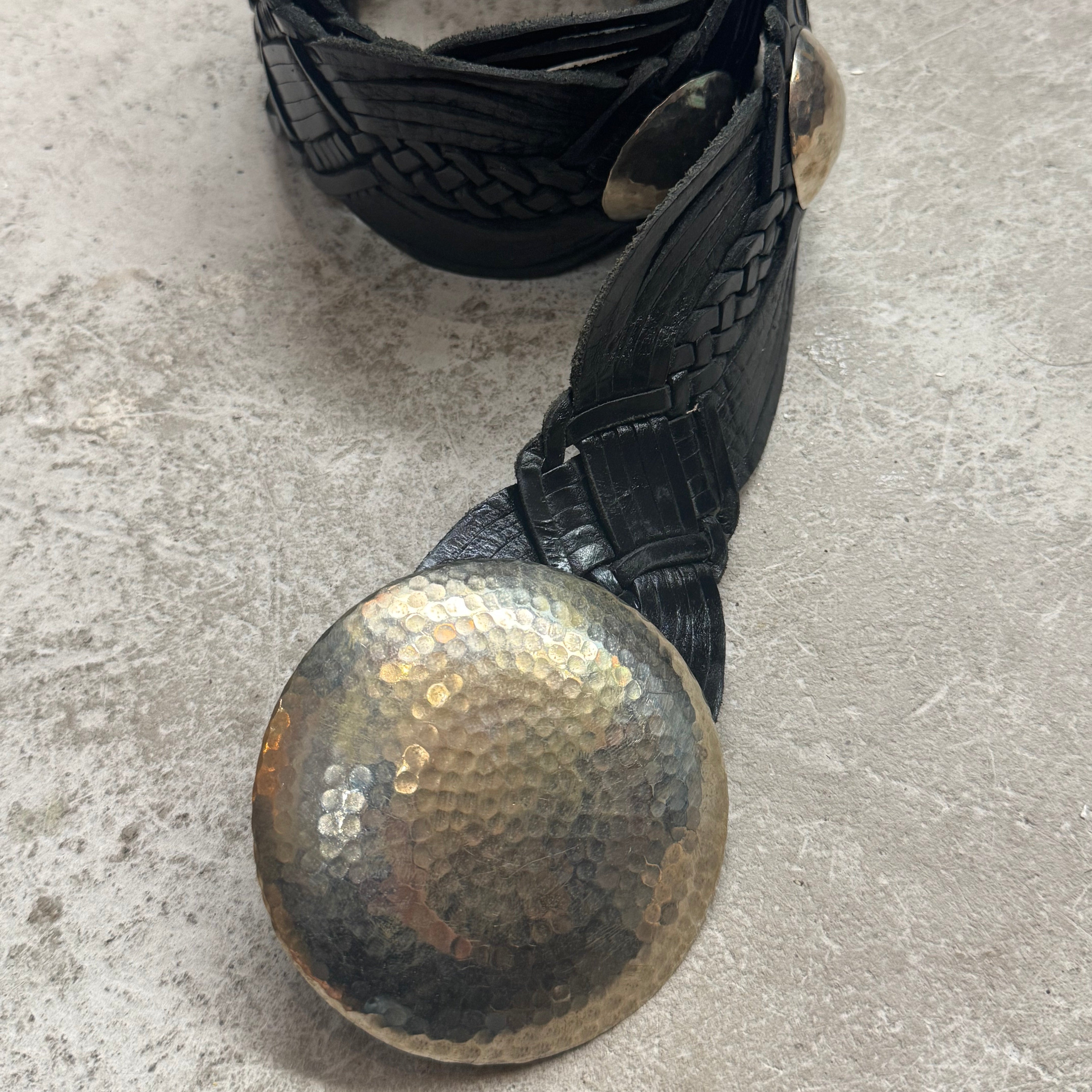 Black Boho Woven Leather Belt with Silver Buckle