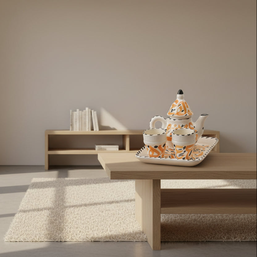 Hand-Painted Moroccan Ceramic Tea Set – Tray, Teapot & 2 Cups