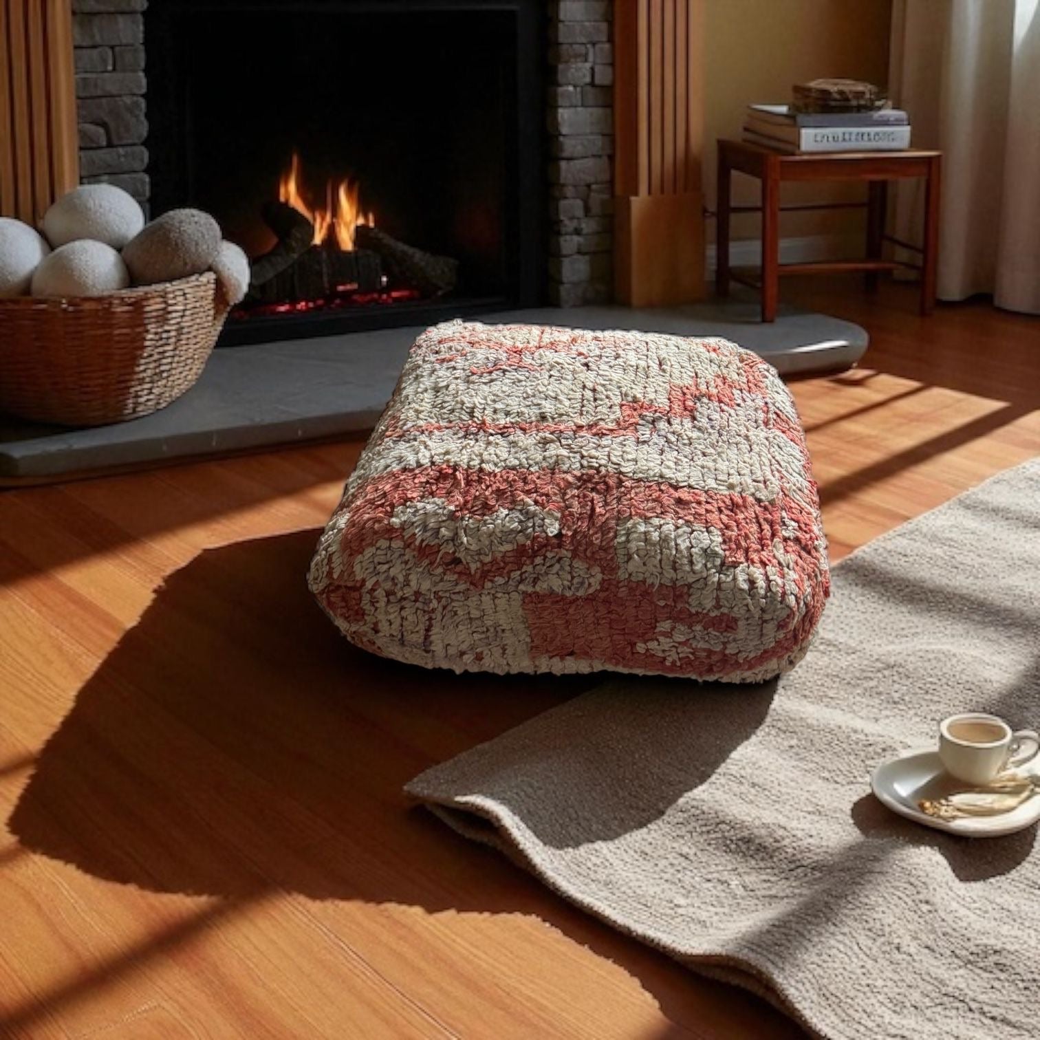 Handmade Boujaad Pouffe – Cream & Peach Wool | 60x60cm