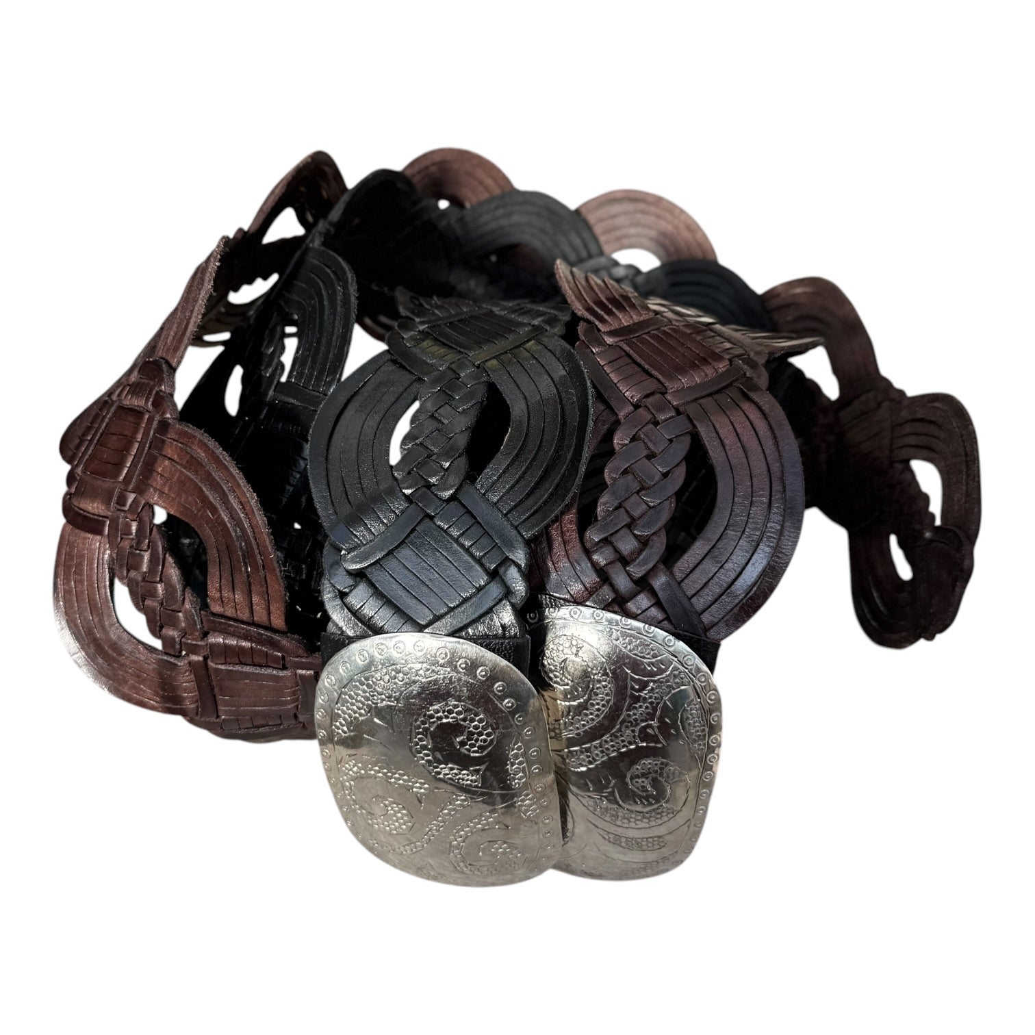 Wide Moroccan Artisan Braided Leather Belt with Oval Silver Buckle