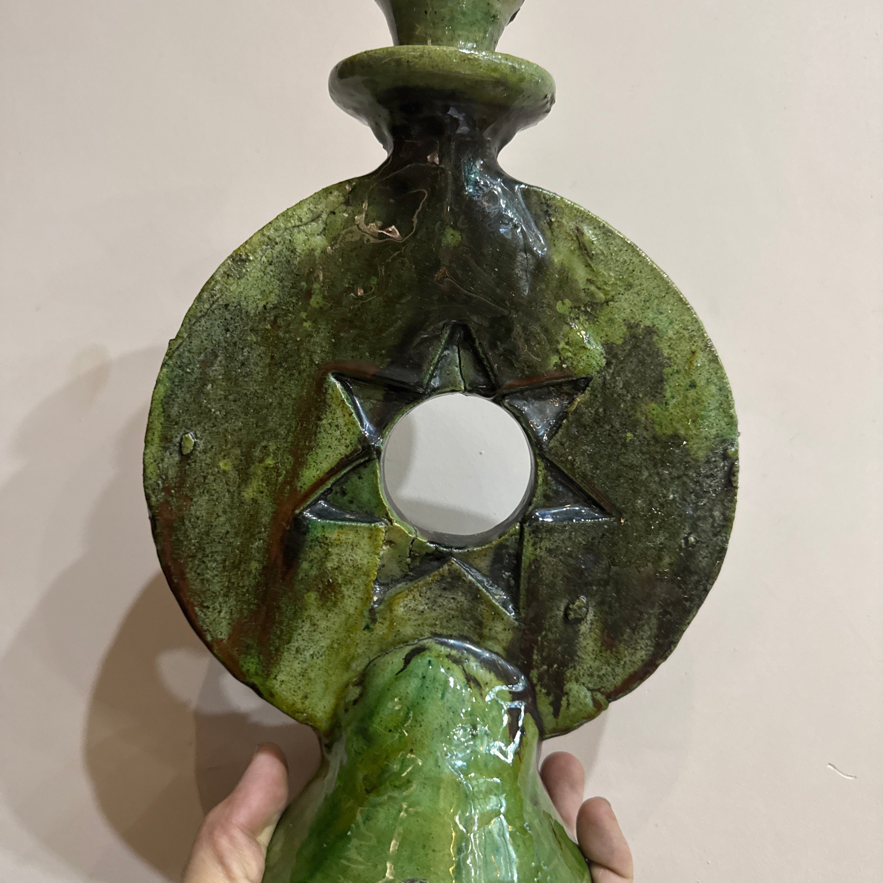 Round Sun Tamegroute Candle Holder – Handcrafted Moroccan Green Pottery