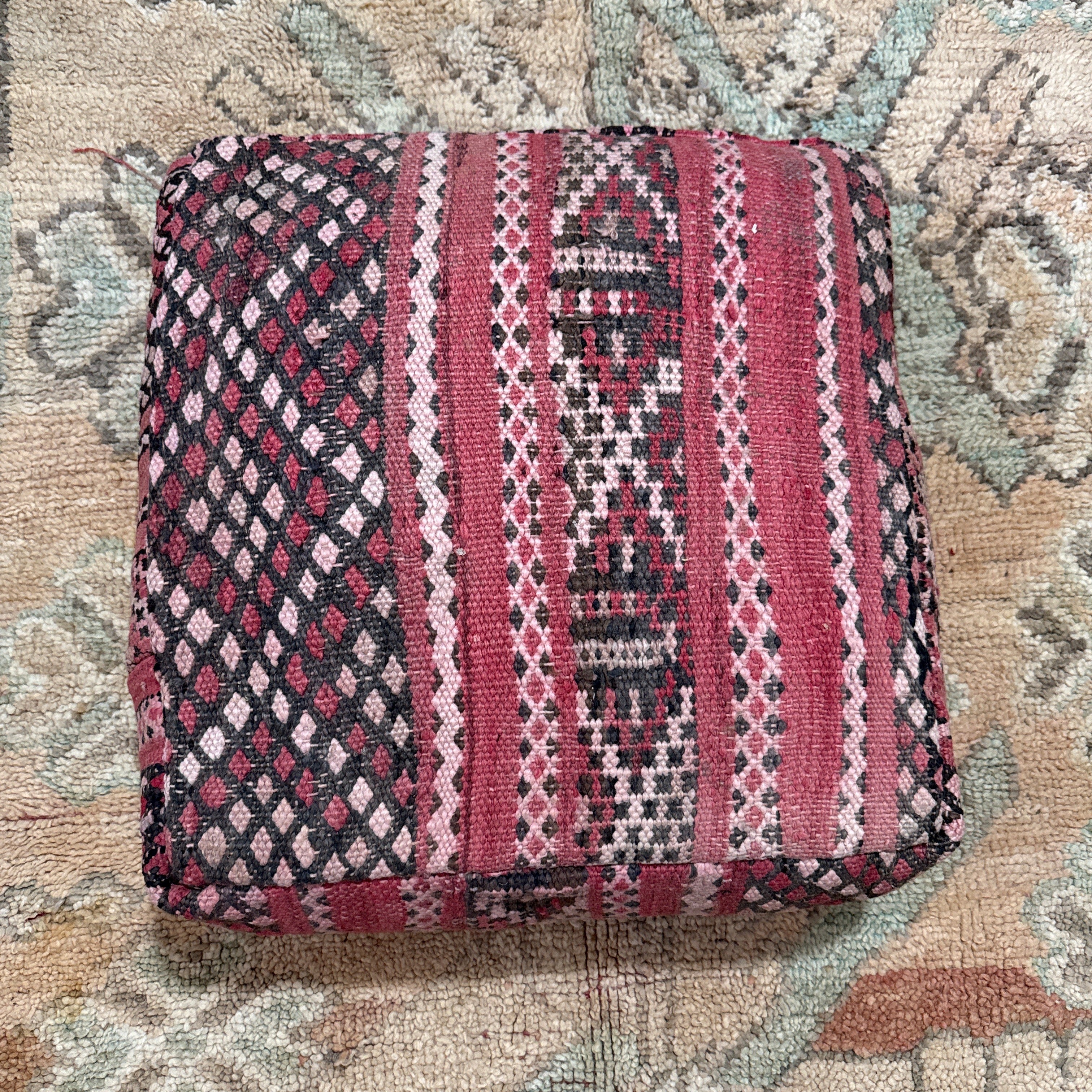Moroccan Kilim Pouffe – Crimson Mosaic Floor Cushion