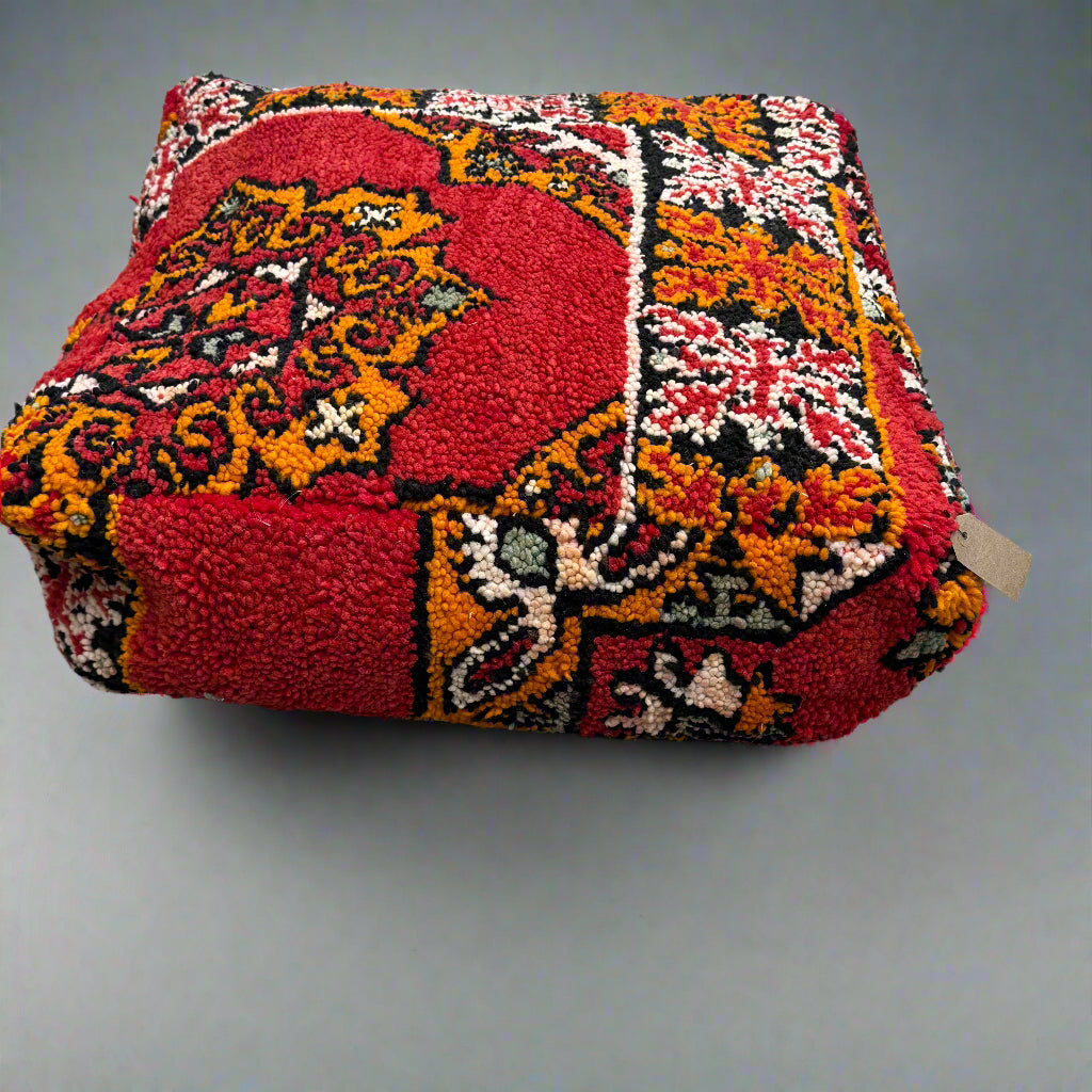 Handmade Moroccan Boujaad Pouffe – 60x60cm Vintage Wool Floor Cushion (Red & Orange)