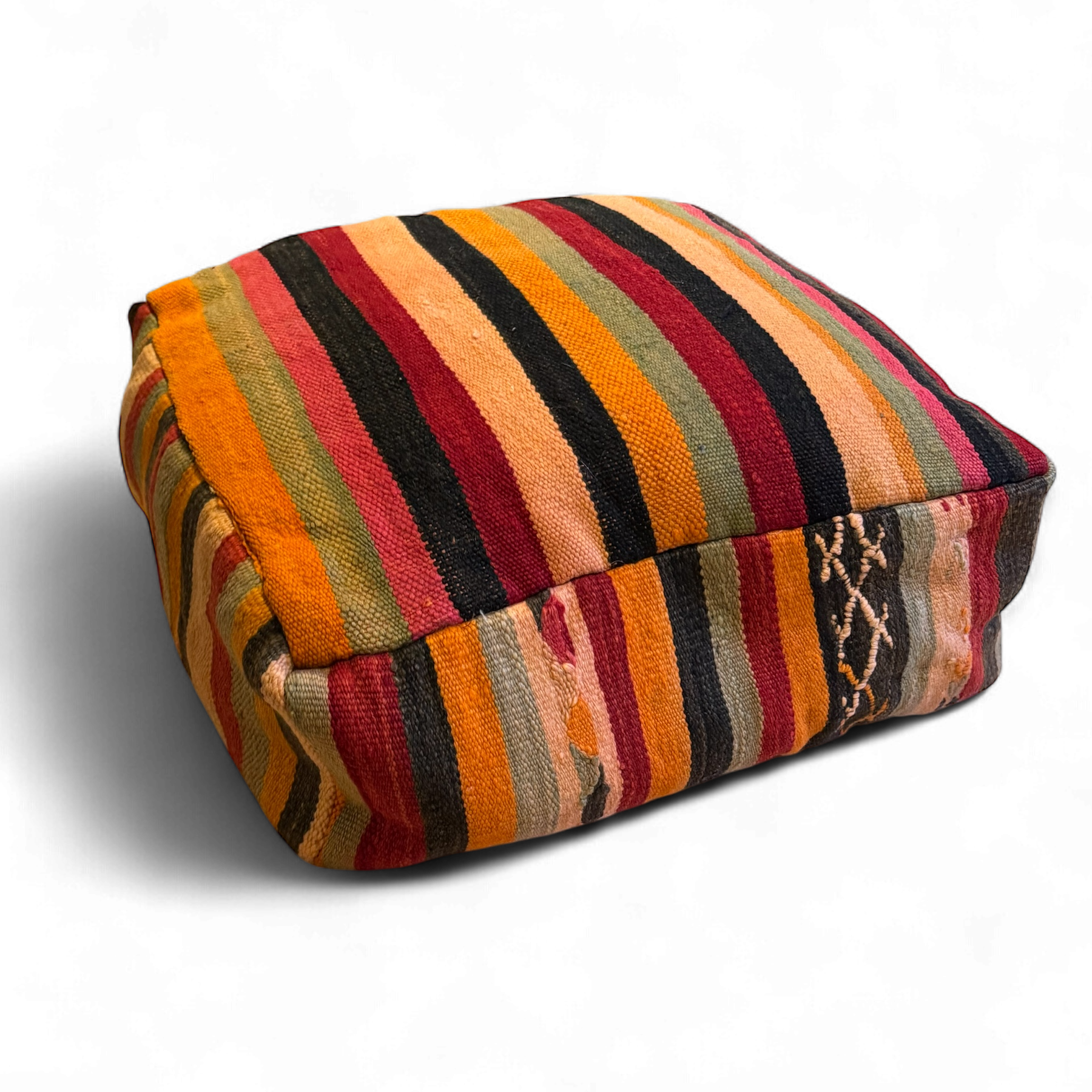Handwoven Hanbal Pouffe – Warm Striped Moroccan Floor Cushion (50x50x20cm)