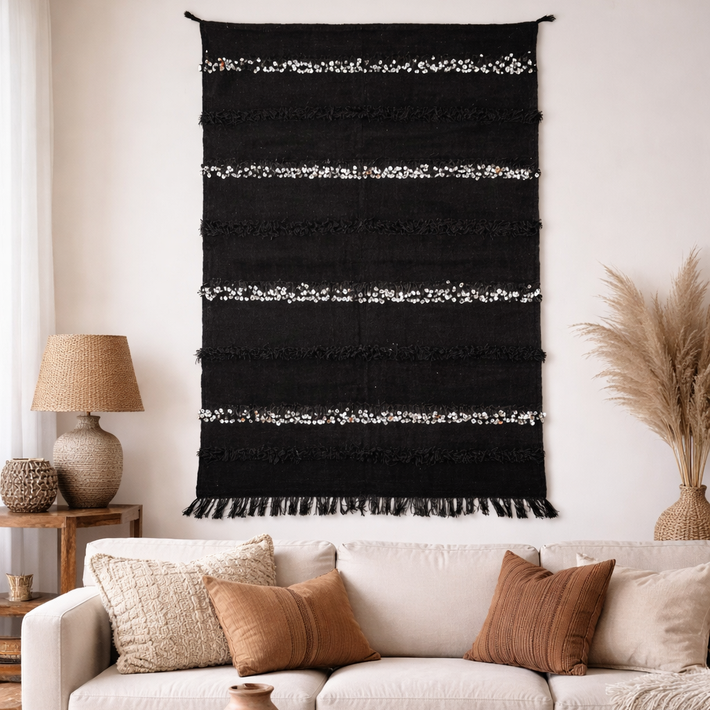 Vintage Black Moroccan Handira Wedding Blanket – Berber Sequin Throw