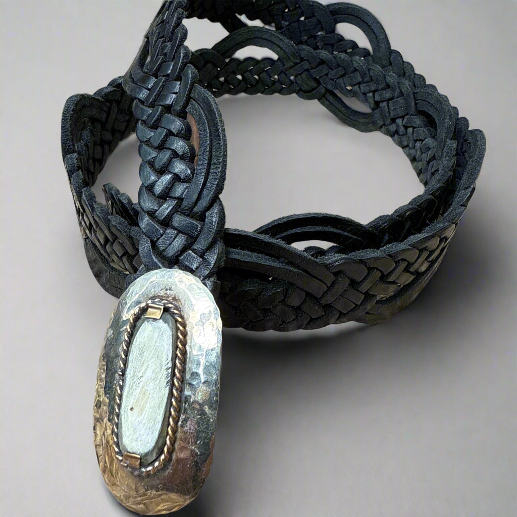 Black Braided Leather Belt with handcrafted Silver Buckle