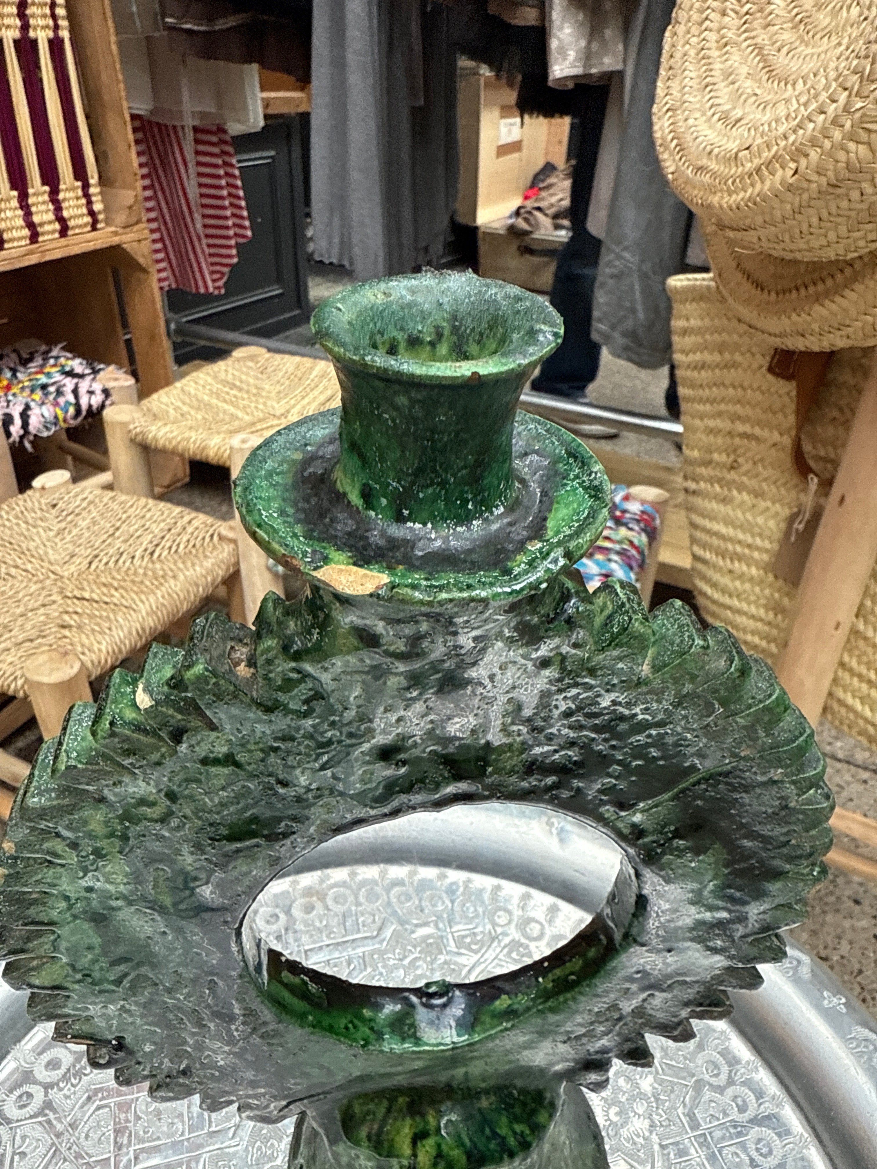 Round cut edge Sun Tamegroute Candle Holder – Handcrafted Moroccan Green Pottery
