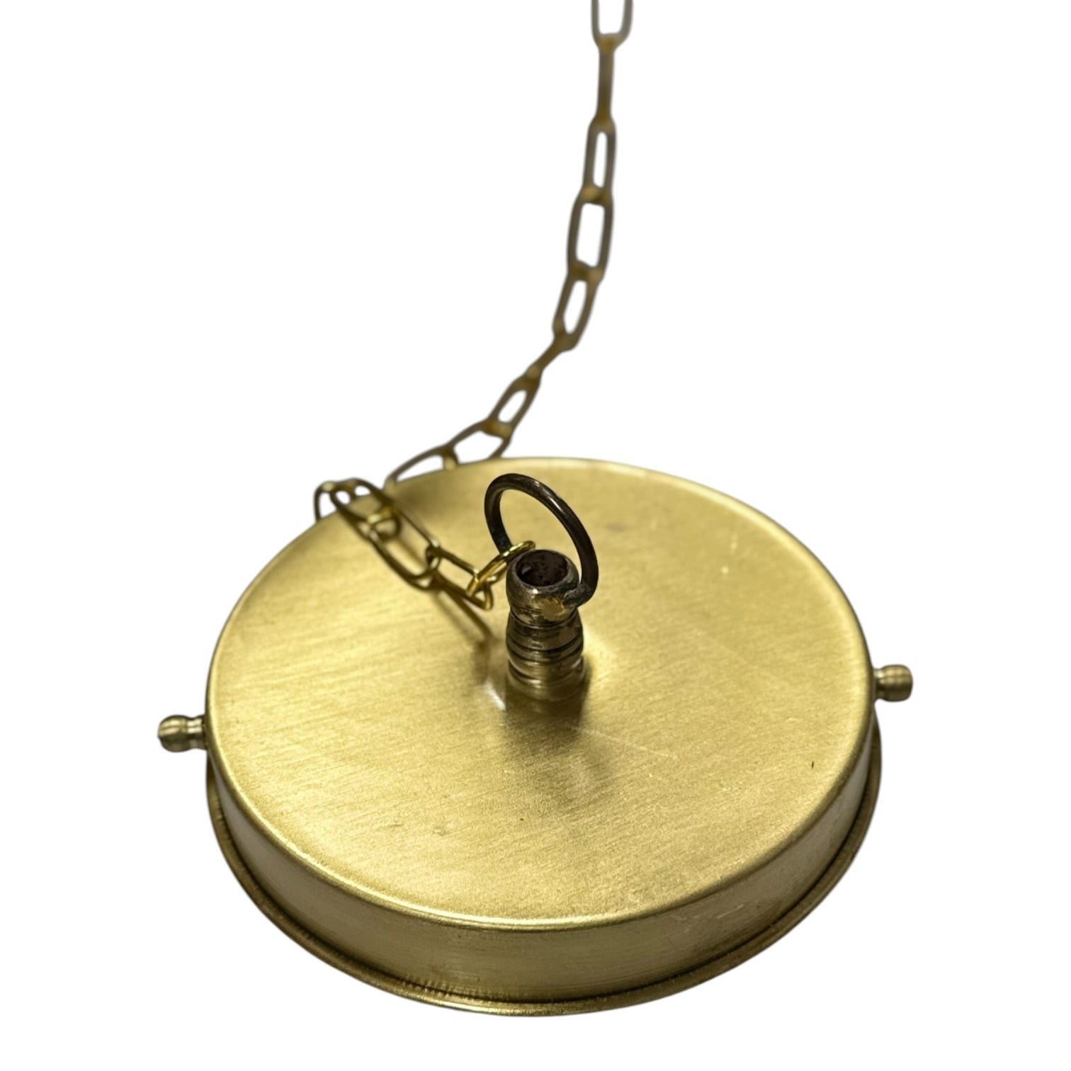 Gold-colored magnetic lifting pad with chain on a white background