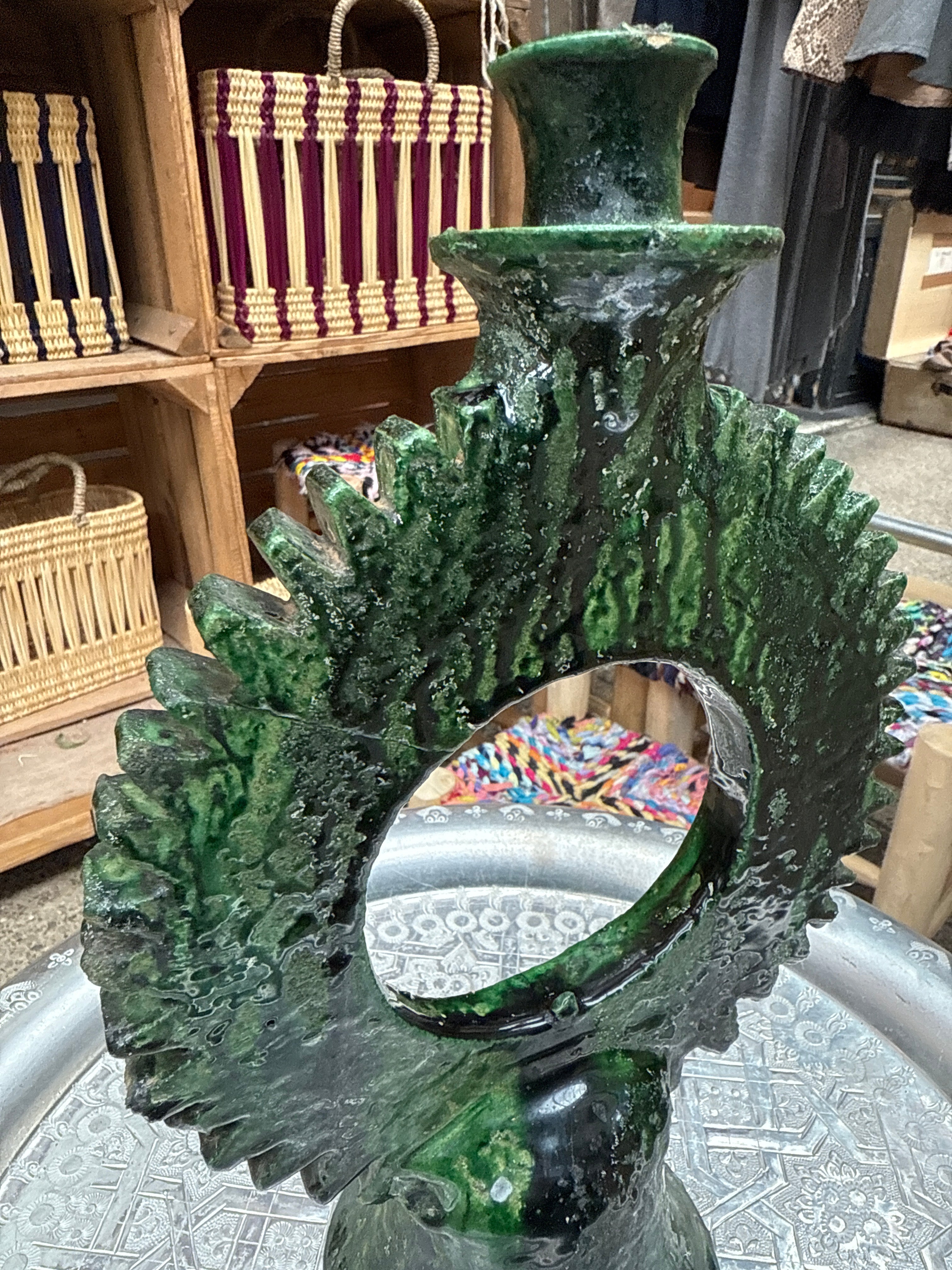 Round cut edge Sun Tamegroute Candle Holder – Handcrafted Moroccan Green Pottery