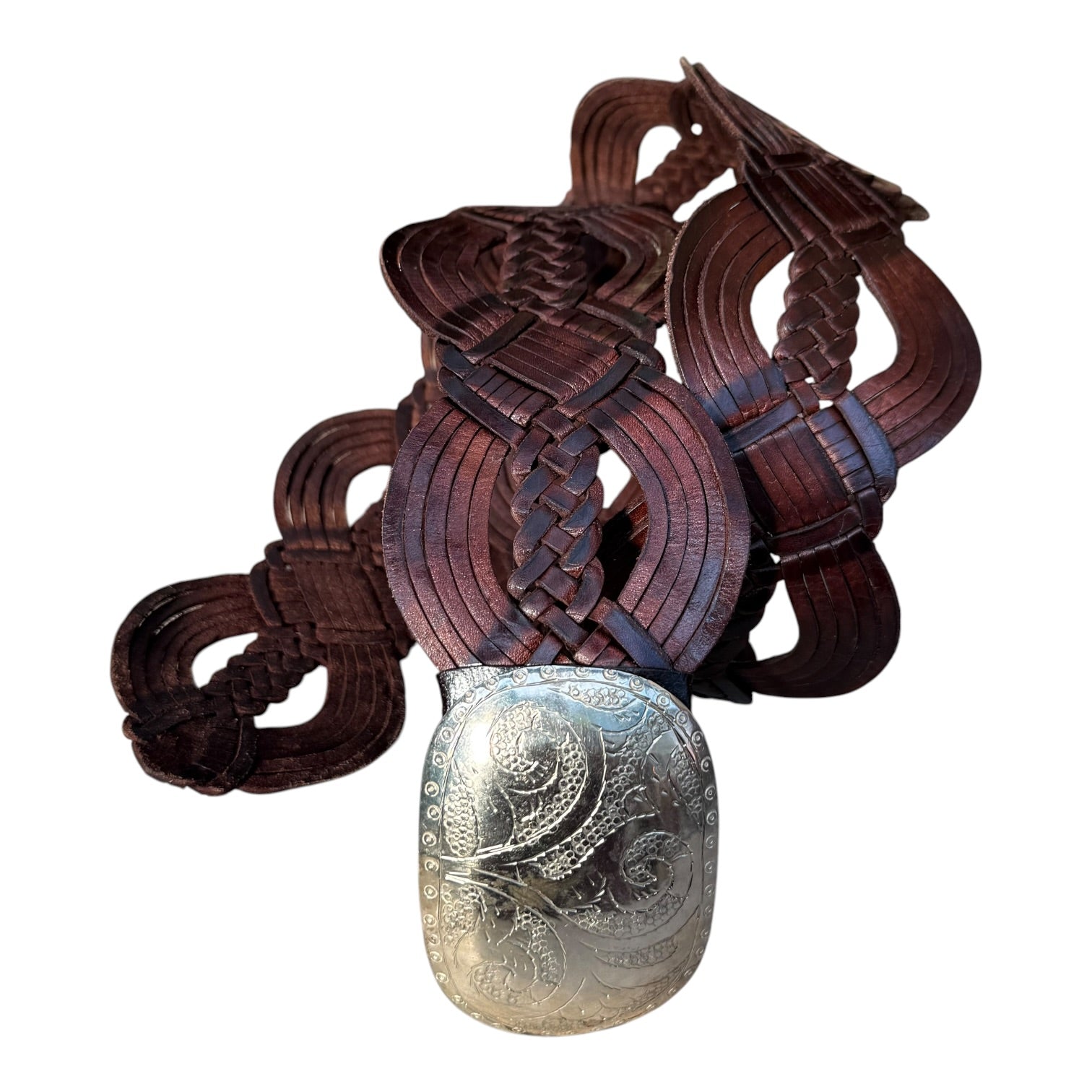 Wide Moroccan Artisan Braided Leather Belt with Oval Silver Buckle