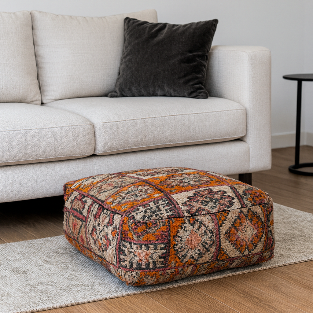 Vintage Boujad Pouffe – Geometric Patchwork in Rust, Plum & Soft Neutrals (60 × 60 × 20 cm)
