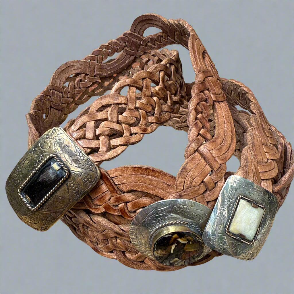 Tan Braided Leather Belt – Silver Diamond Buckle with Blue Resin