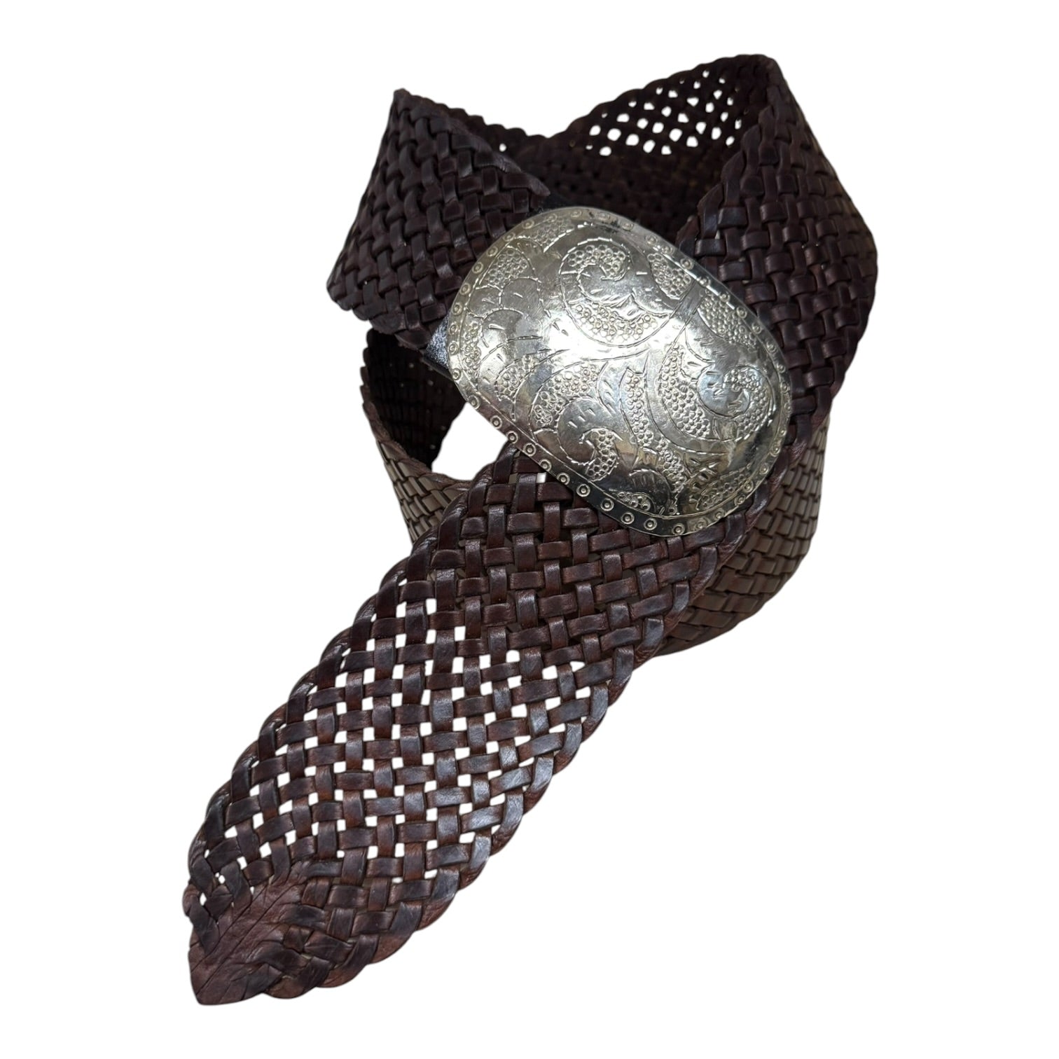 Wide Moroccan Braided Leather Belt with Silver Oval Buckle