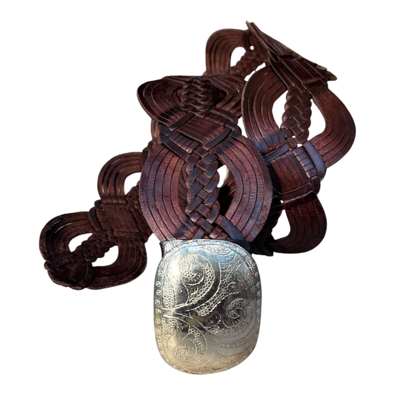 Wide Moroccan Artisan Braided Leather Belt with Oval Silver Buckle
