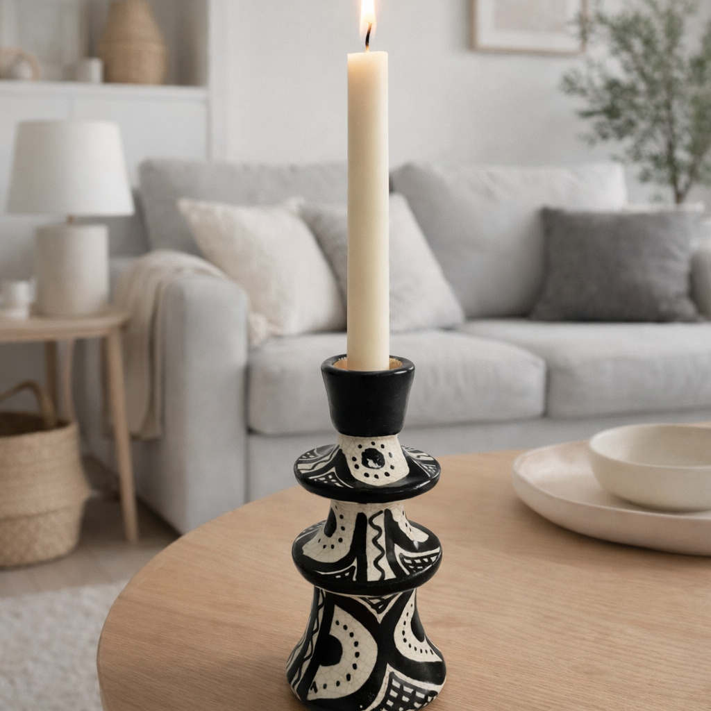 Handpainted Moroccan Ceramic Candle Holder – Black & White (16cm)