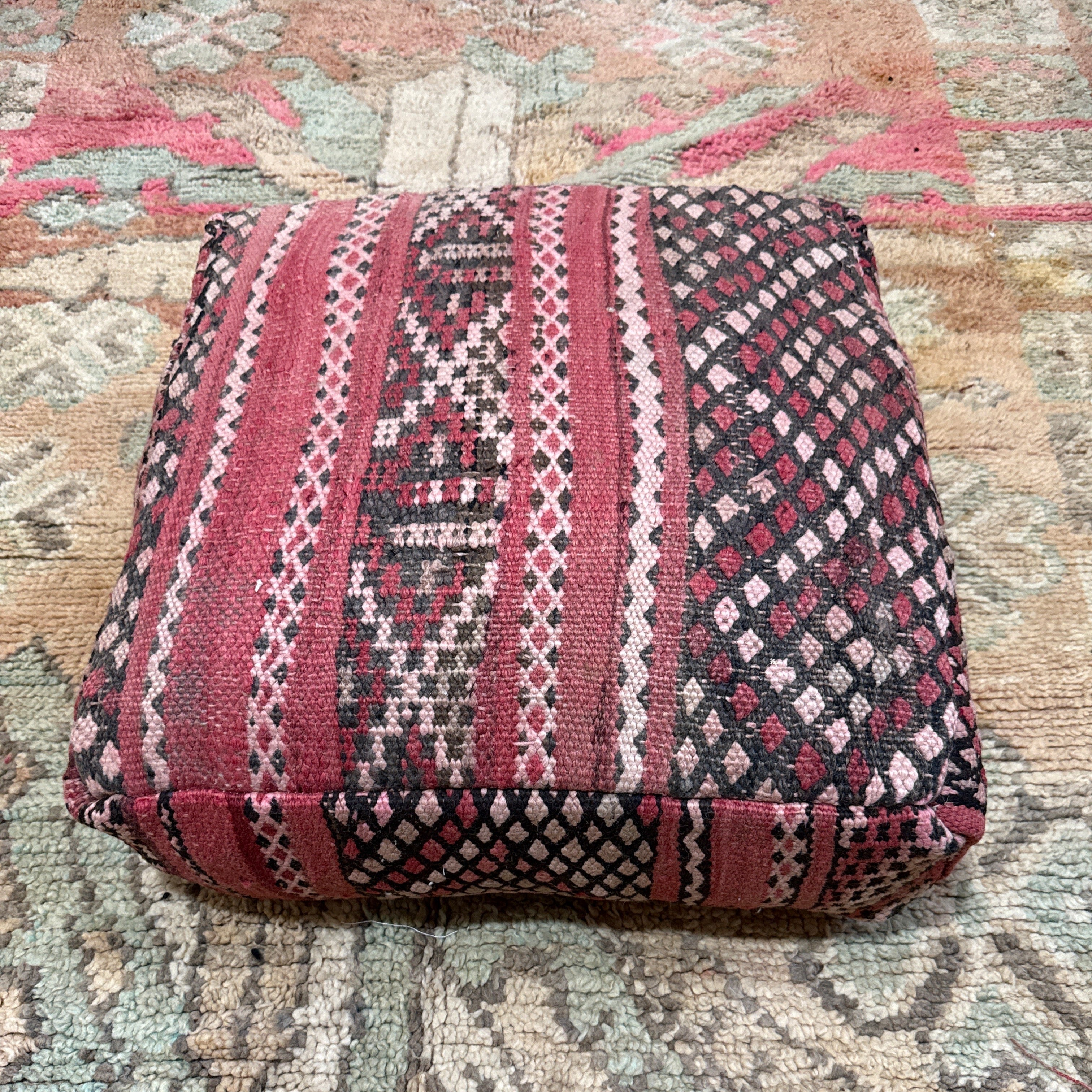 Moroccan Kilim Pouffe – Crimson Mosaic Floor Cushion