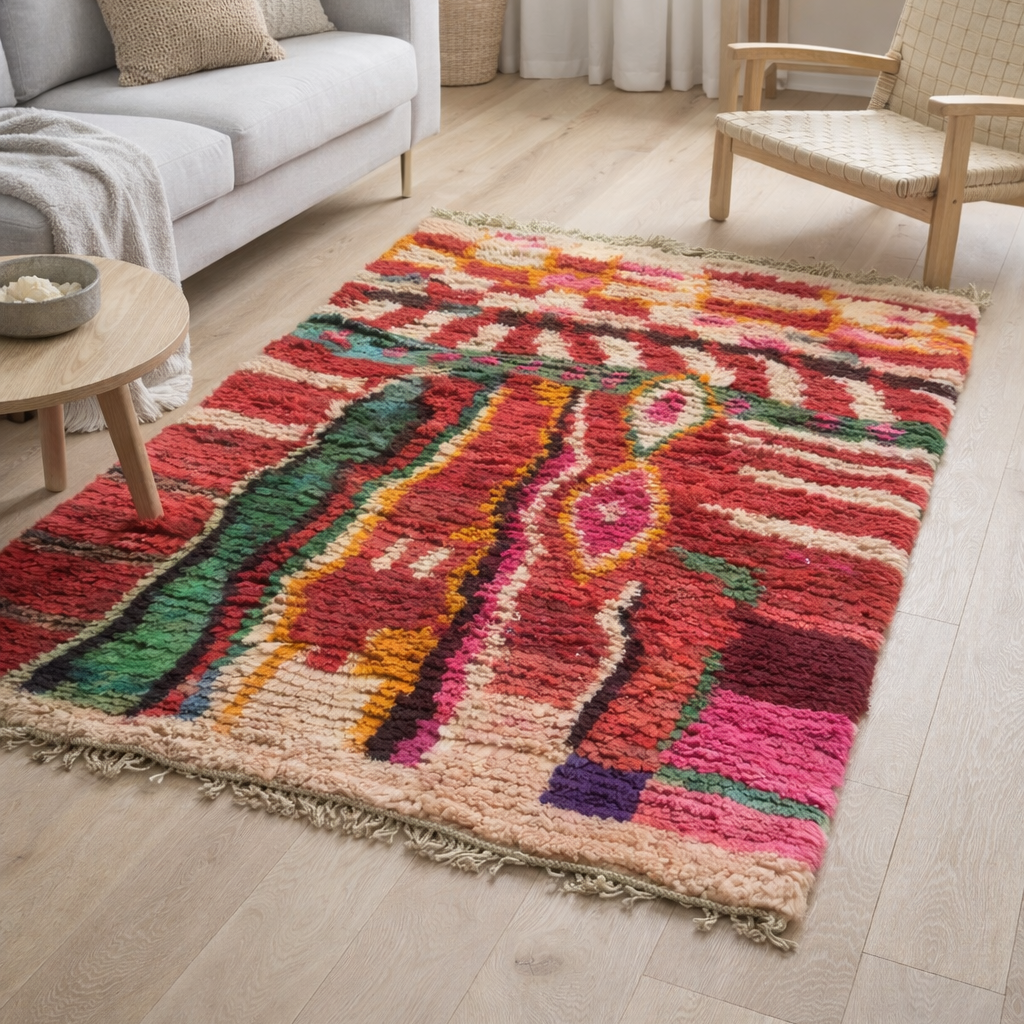 Boujaad Moroccan Rug - Red & Green Abstract Wool 147 x 98 cm