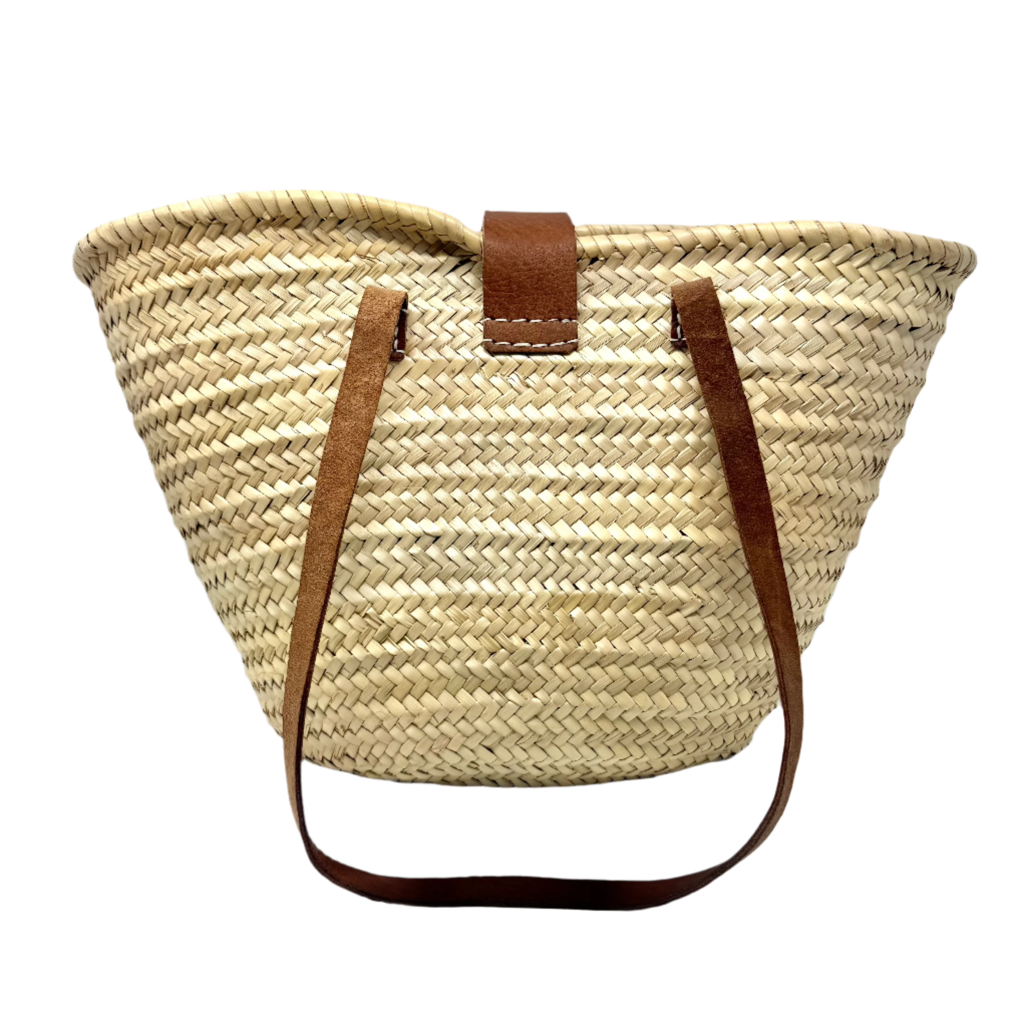 Handwoven Moroccan Palm Basket – Leather Straps & Loop Closure