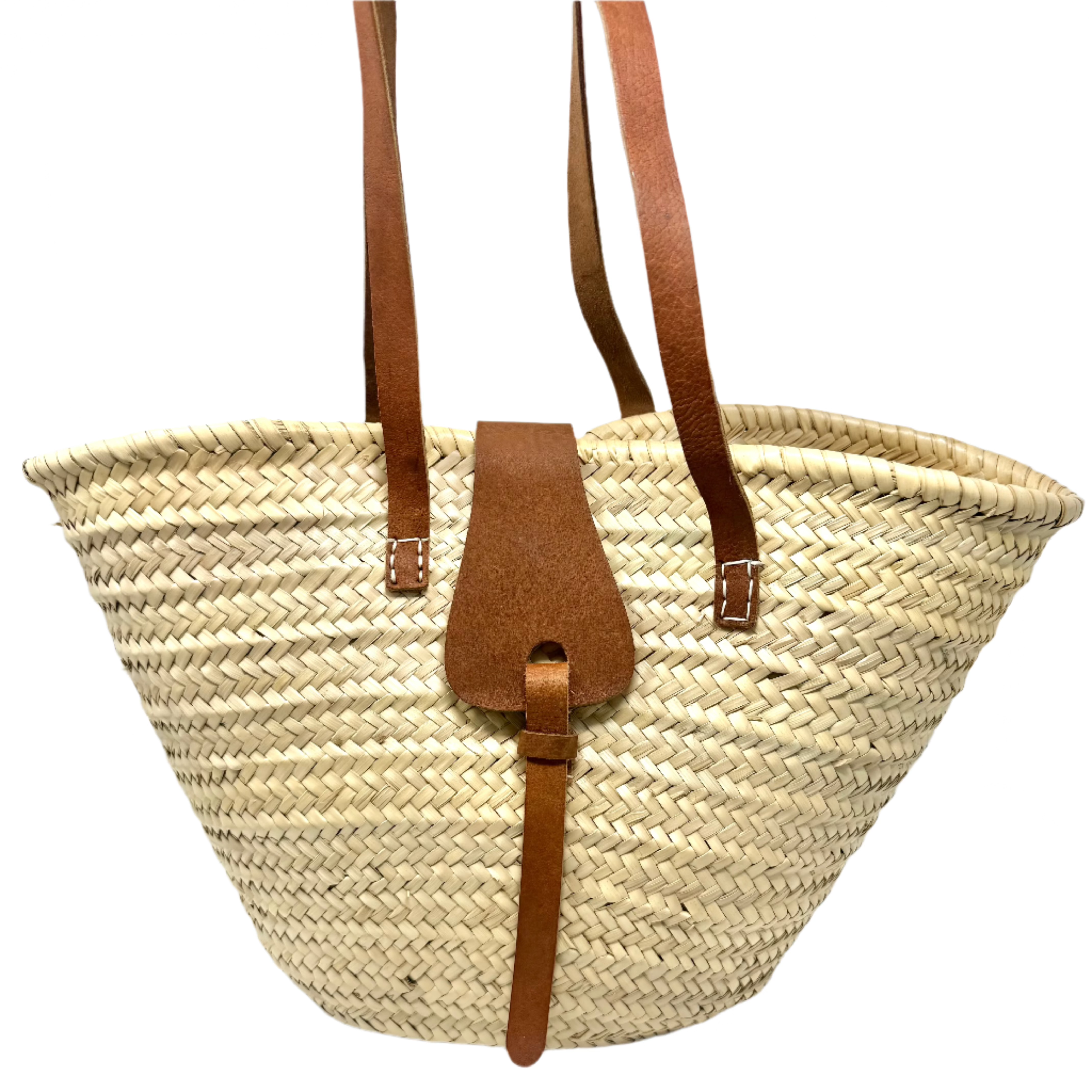 Handwoven Moroccan Palm Basket – Leather Straps & Loop Closure