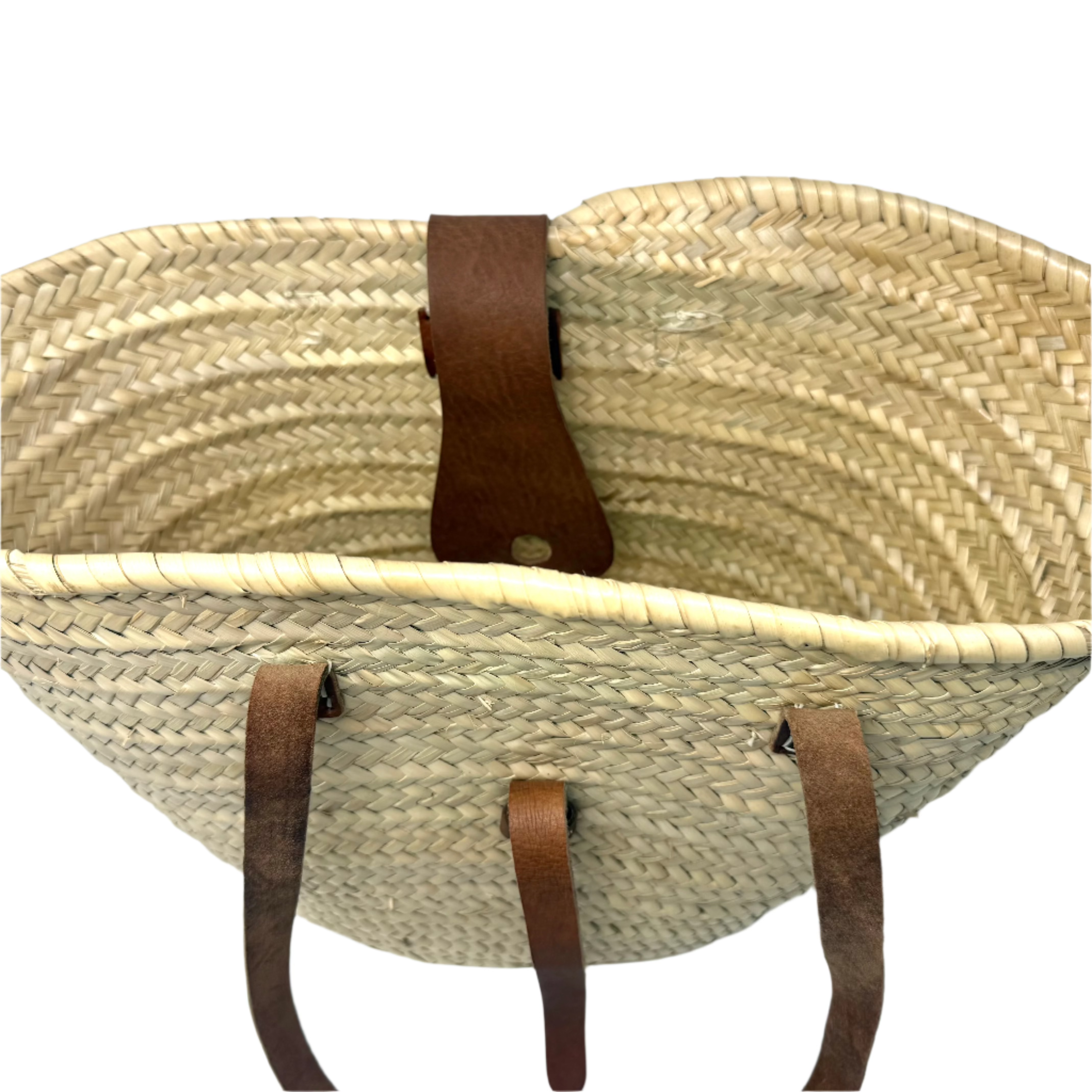 Handwoven Moroccan Palm Basket – Leather Straps & Loop Closure
