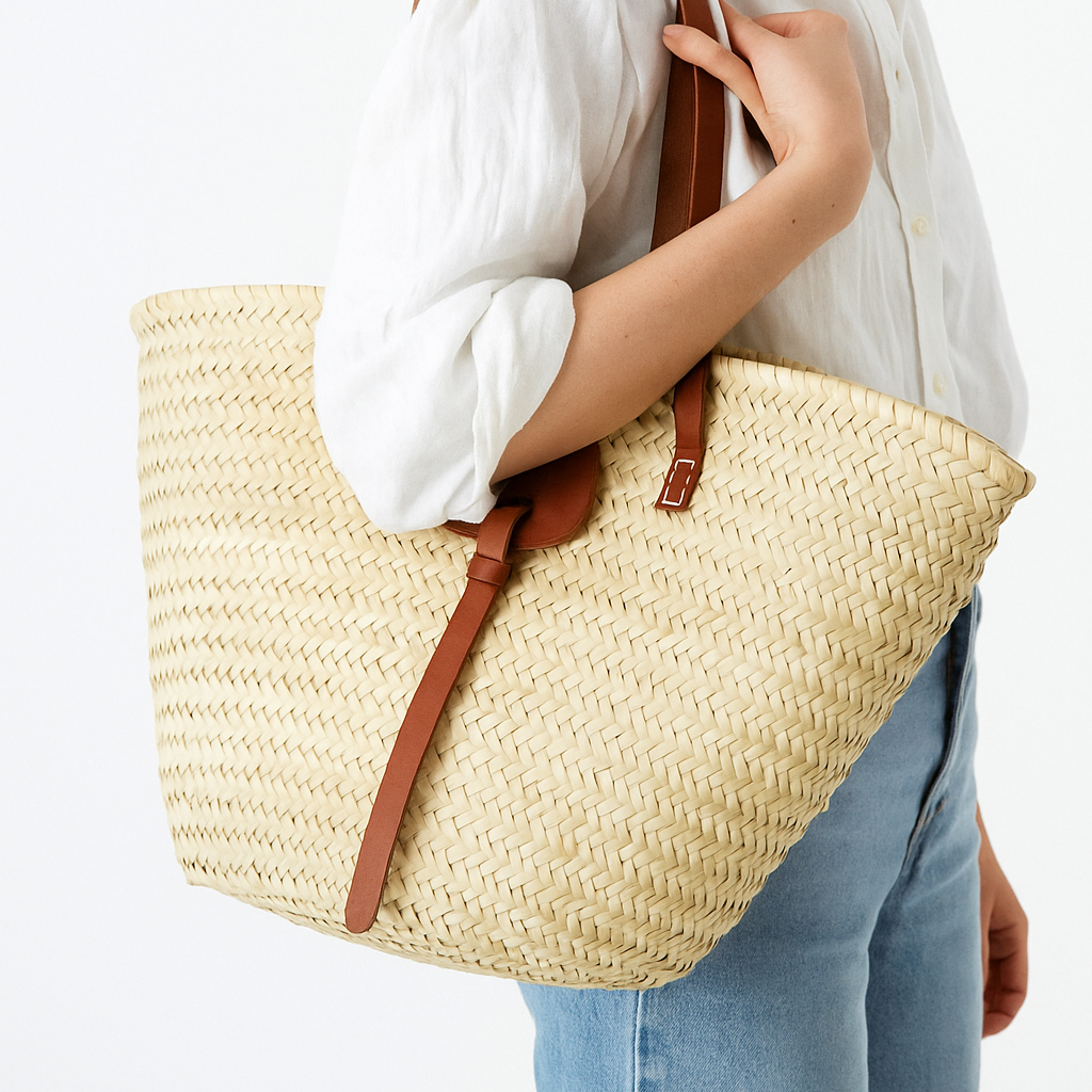 Handwoven Moroccan Palm Basket – Leather Straps & Loop Closure
