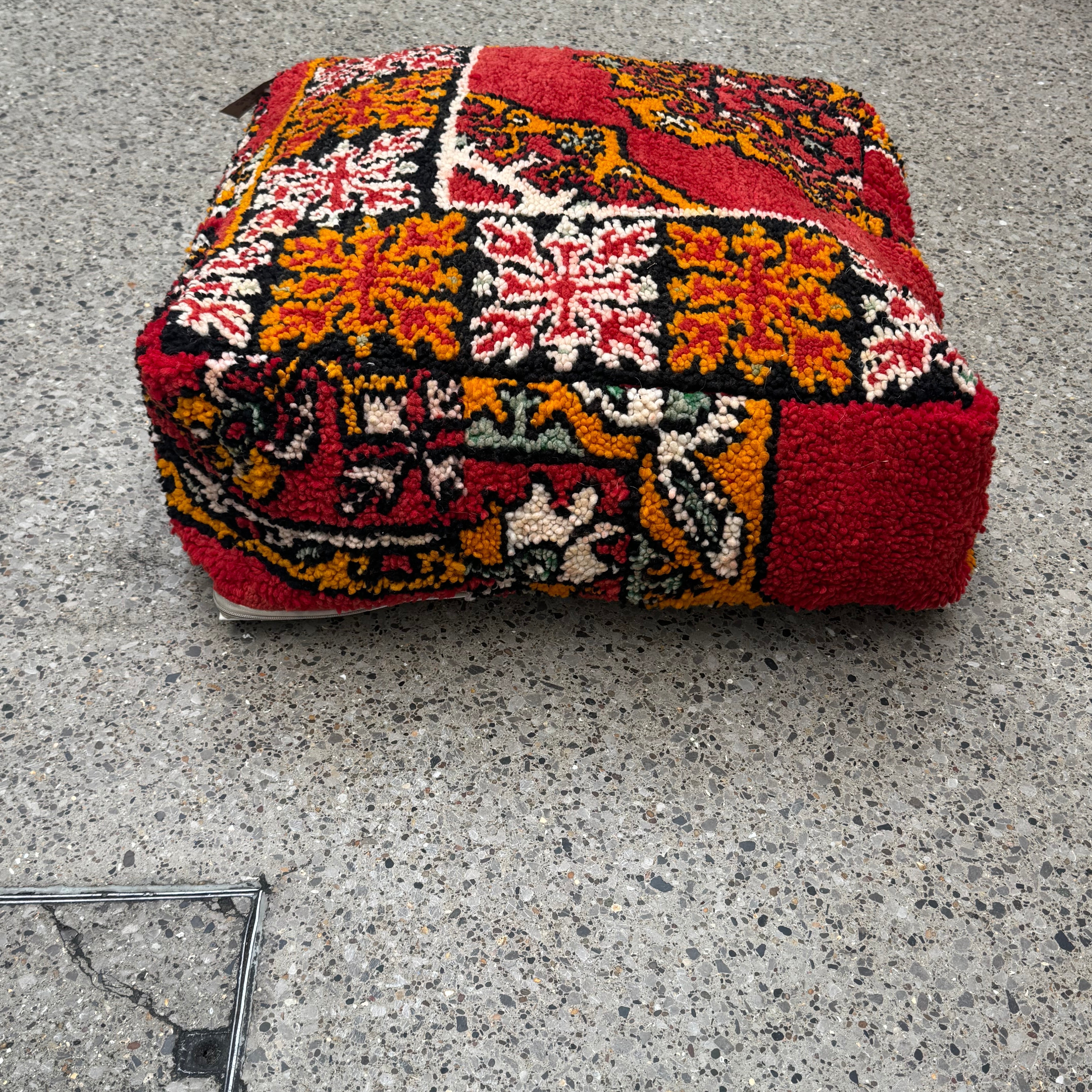 Handmade Moroccan Boujaad Pouffe – 60x60cm Vintage Wool Floor Cushion (Red & Orange)