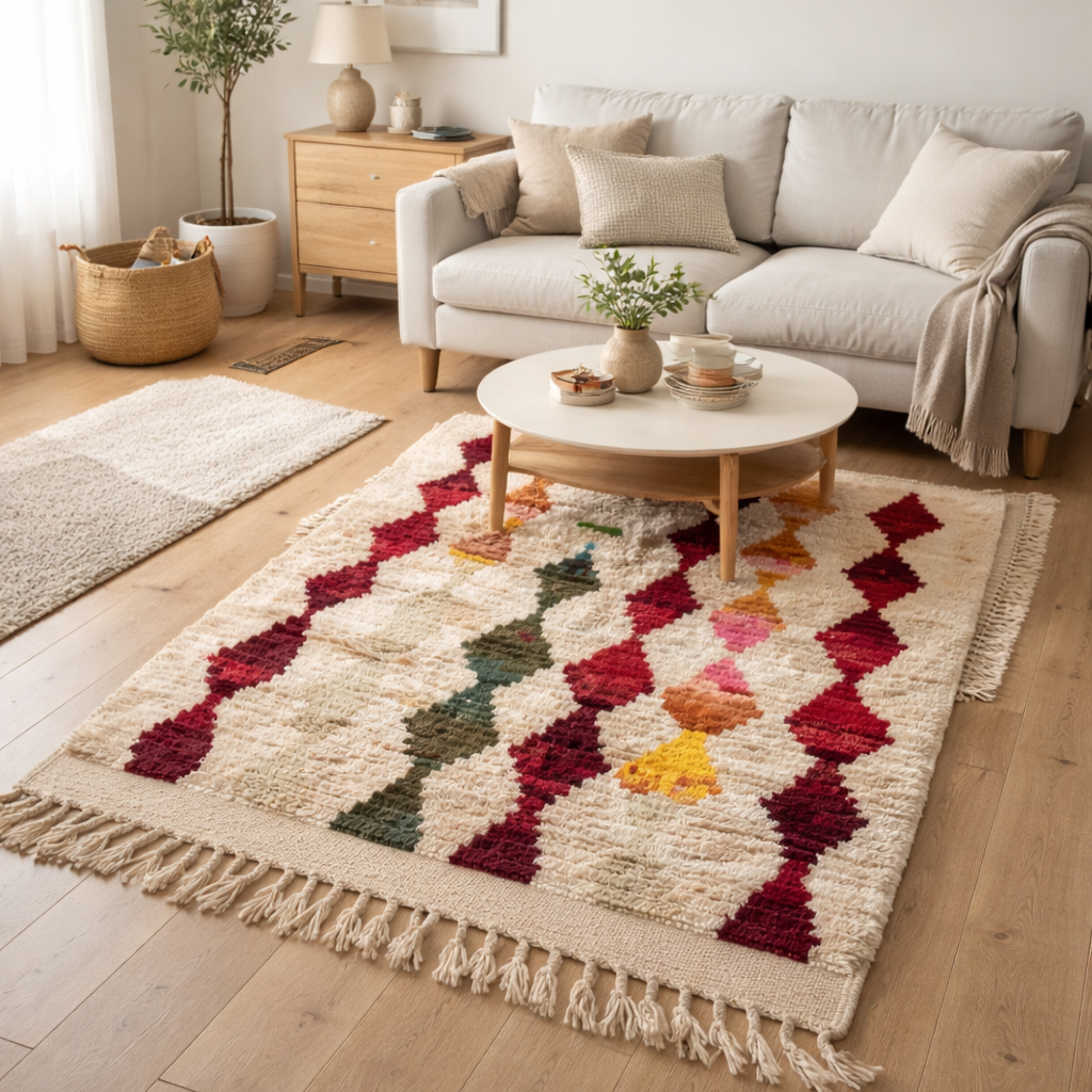 Boujaad Wool Rug “Rhythmic Totems” – 145 × 90 cm