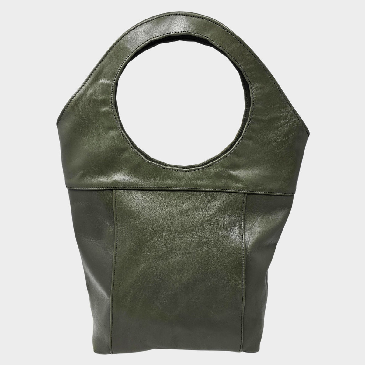 Handcrafted Olive green full-grain leather tote bag with circular handles by Artisan Stories