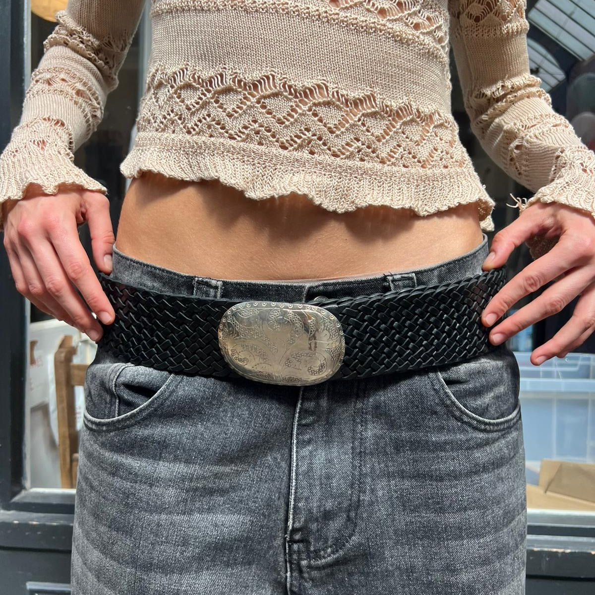 Wide Moroccan Braided Leather Belt with Silver Oval Buckle