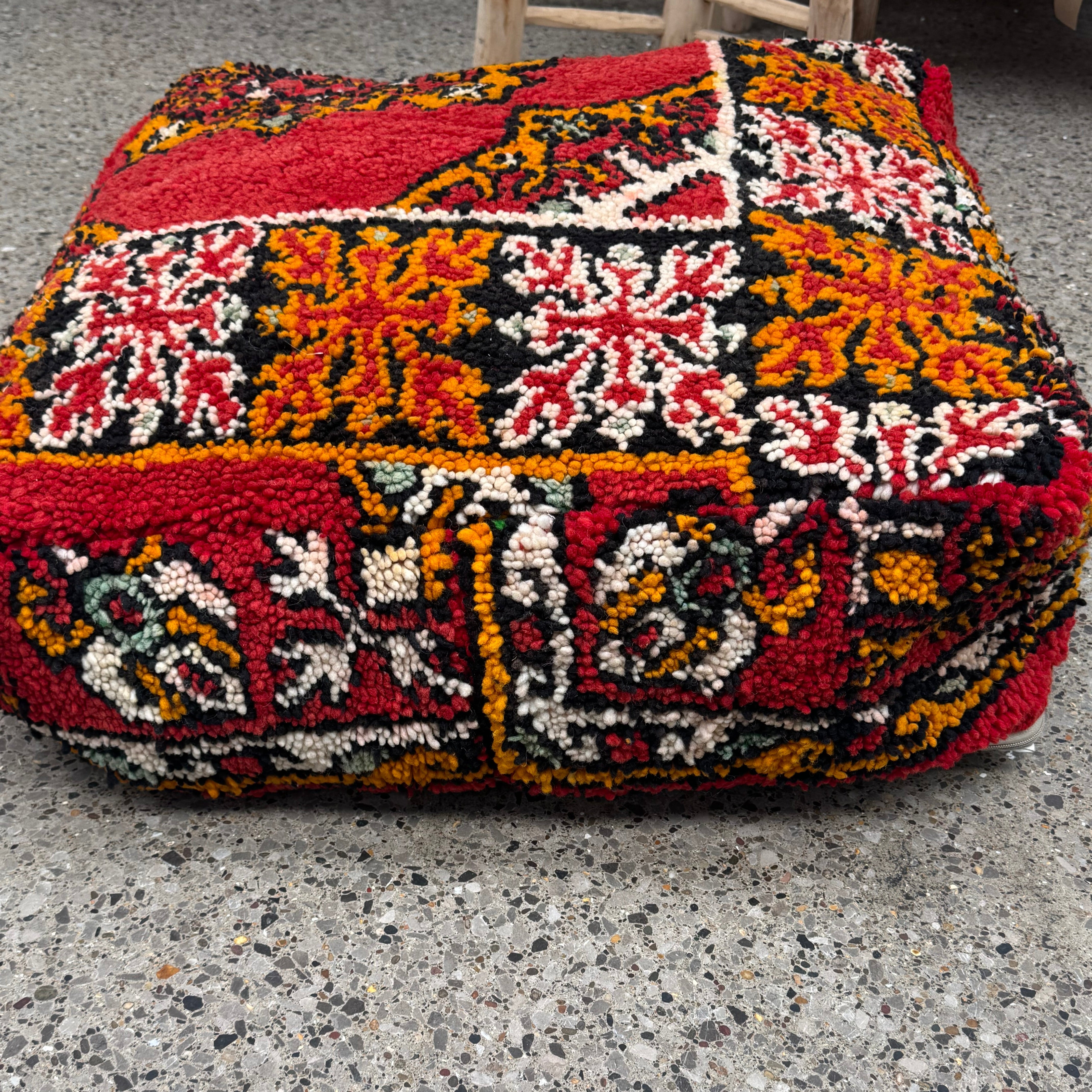 Handmade Moroccan Boujaad Pouffe – 60x60cm Vintage Wool Floor Cushion (Red & Orange)