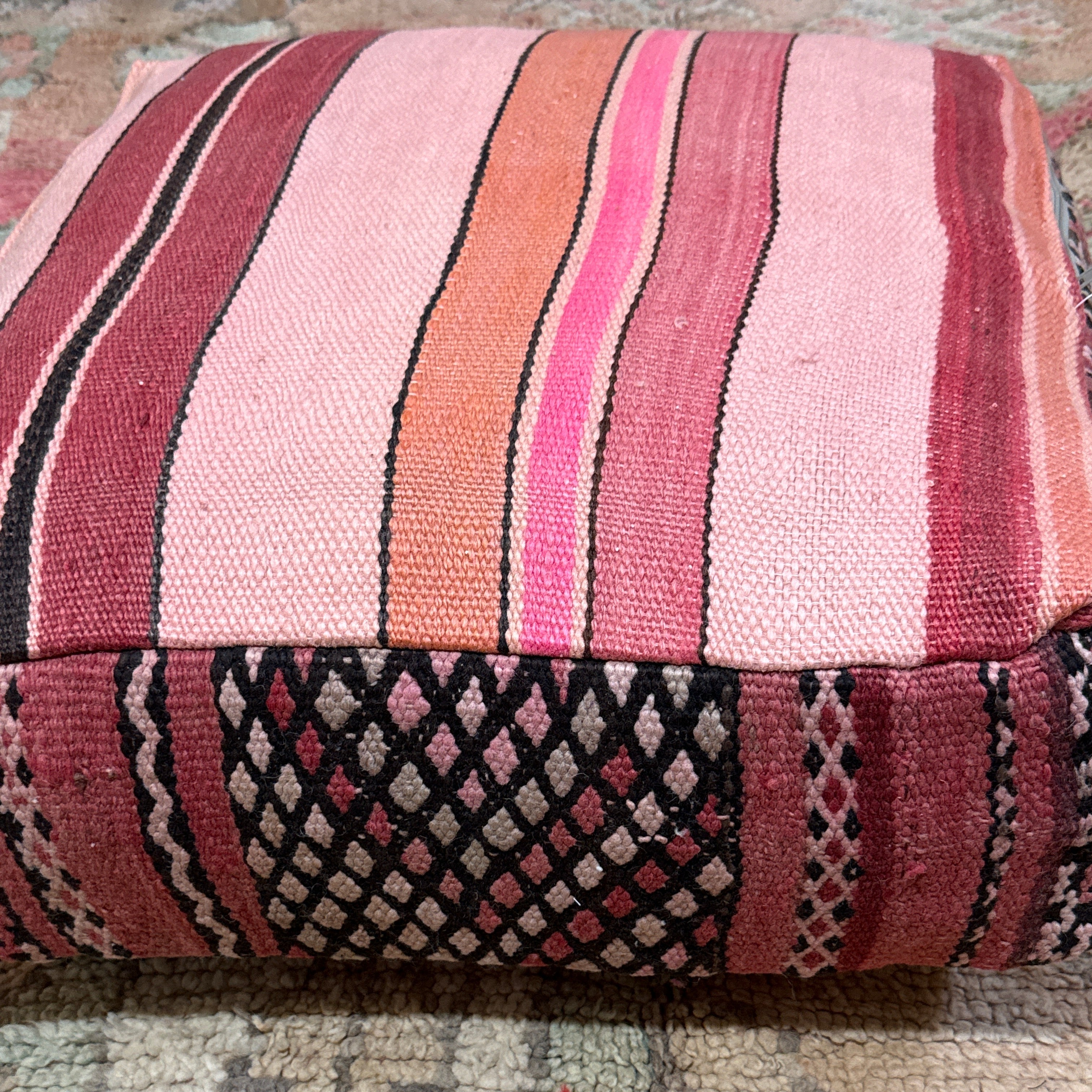 Moroccan Kilim Pouffe – Crimson Mosaic Floor Cushion