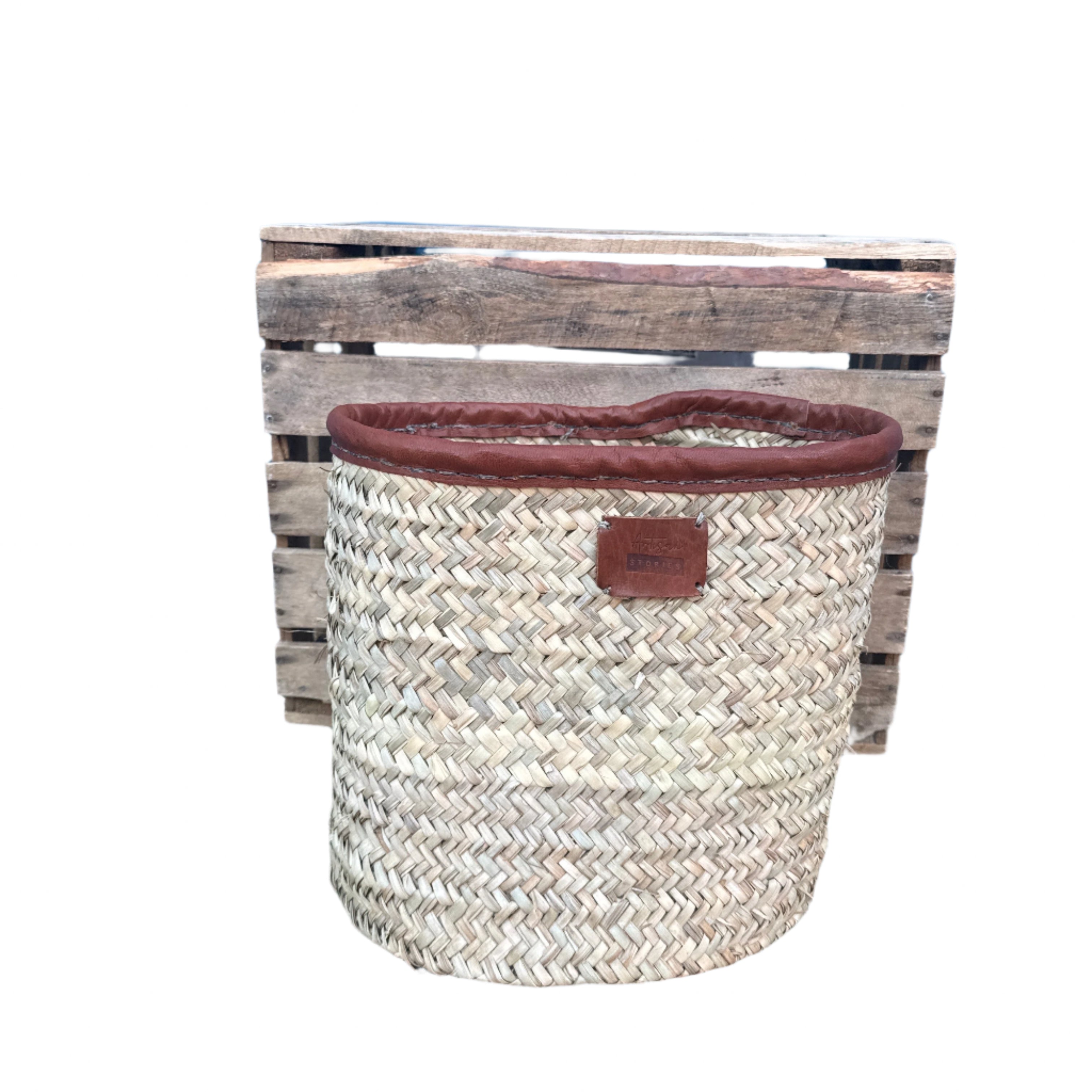 Handwoven Palm Leaf Storage Basket with Handstitched Leather Trim – 30cm