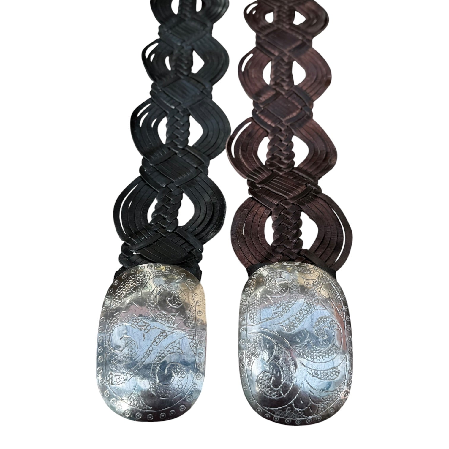 Wide Moroccan Artisan Braided Leather Belt with Oval Silver Buckle