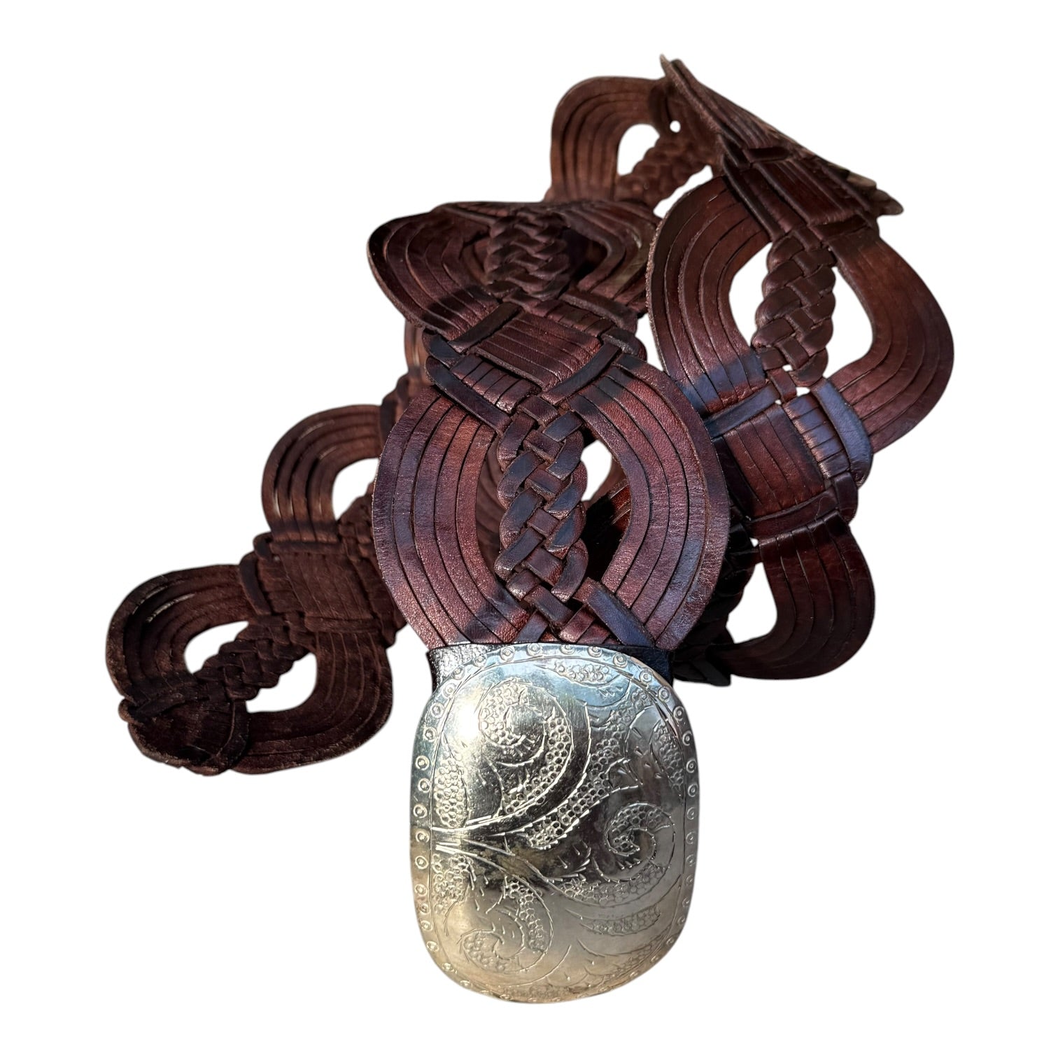 Wide Moroccan Artisan Braided Leather Belt with Oval Silver Buckle