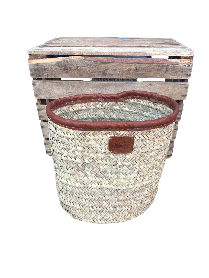 Handwoven Palm Leaf Storage Basket with Leather Trim – 30 cm