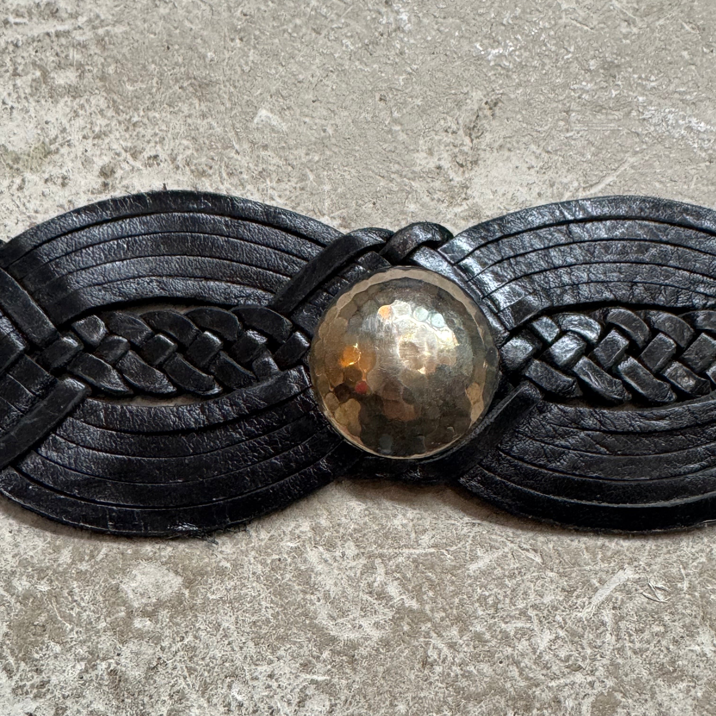 Black Boho Woven Leather Belt with Silver Buckle