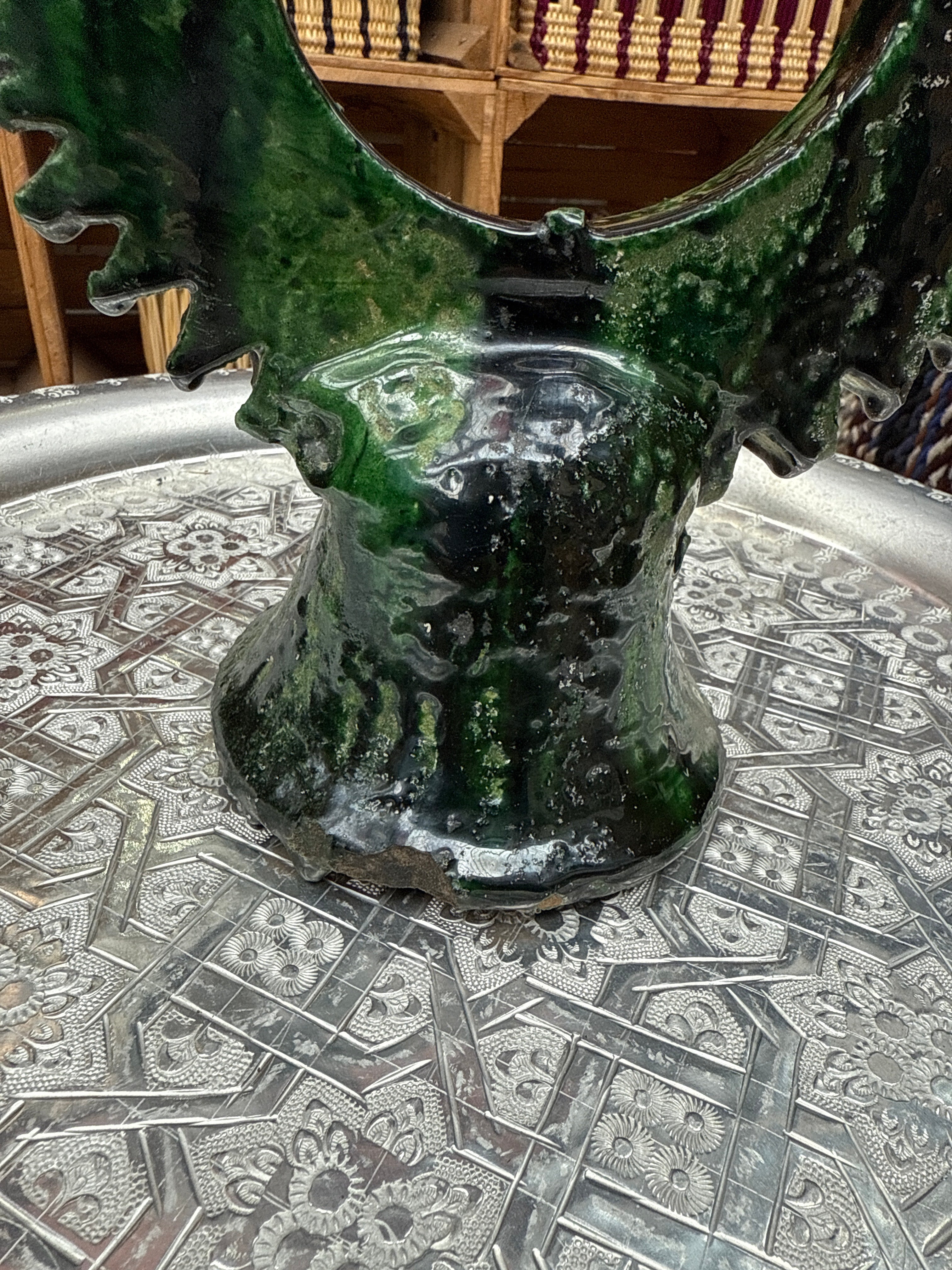 Round cut edge Sun Tamegroute Candle Holder – Handcrafted Moroccan Green Pottery