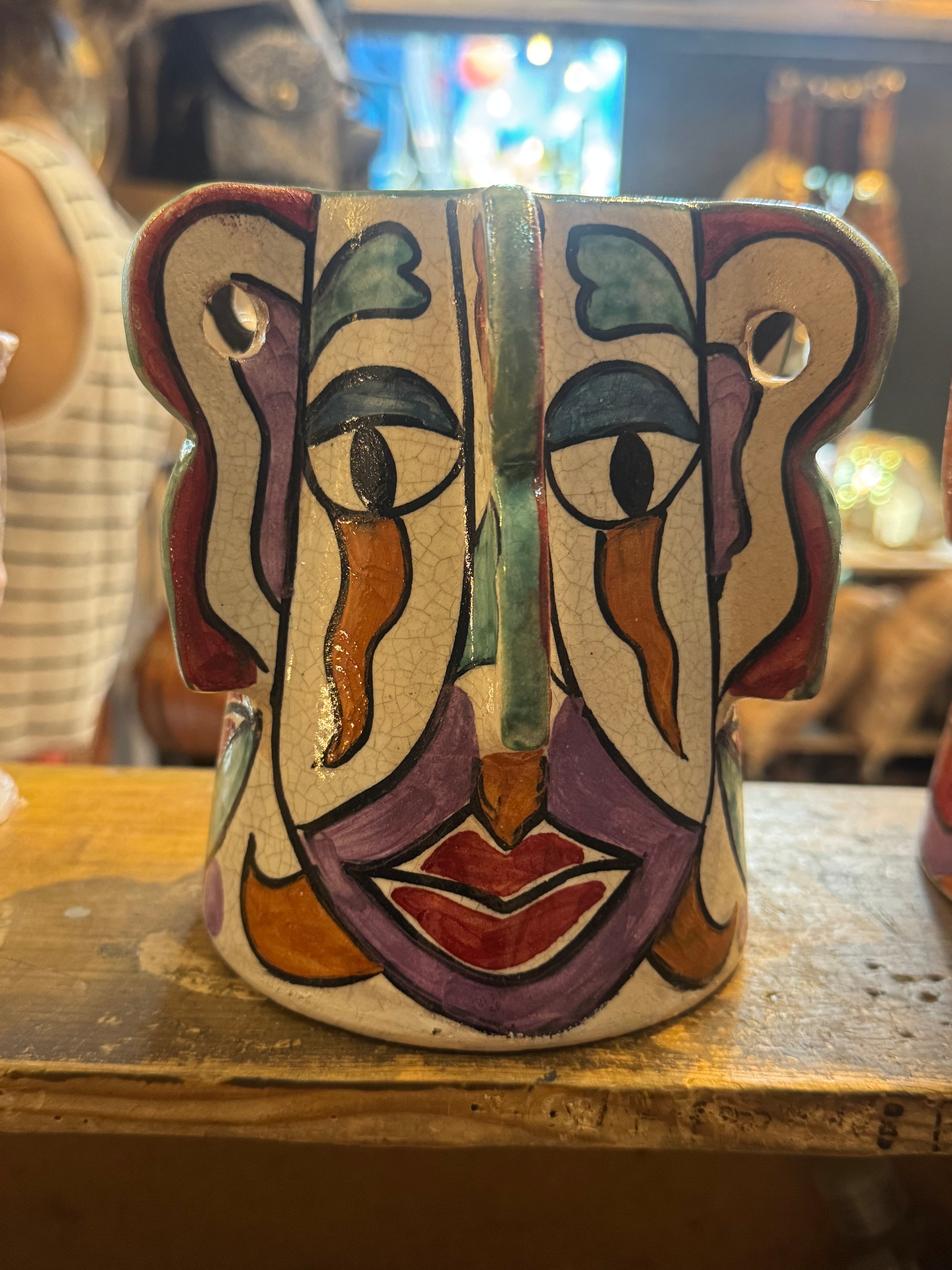 One-of-a-Kind Hand-Painted Moroccan Ceramic Face Vase