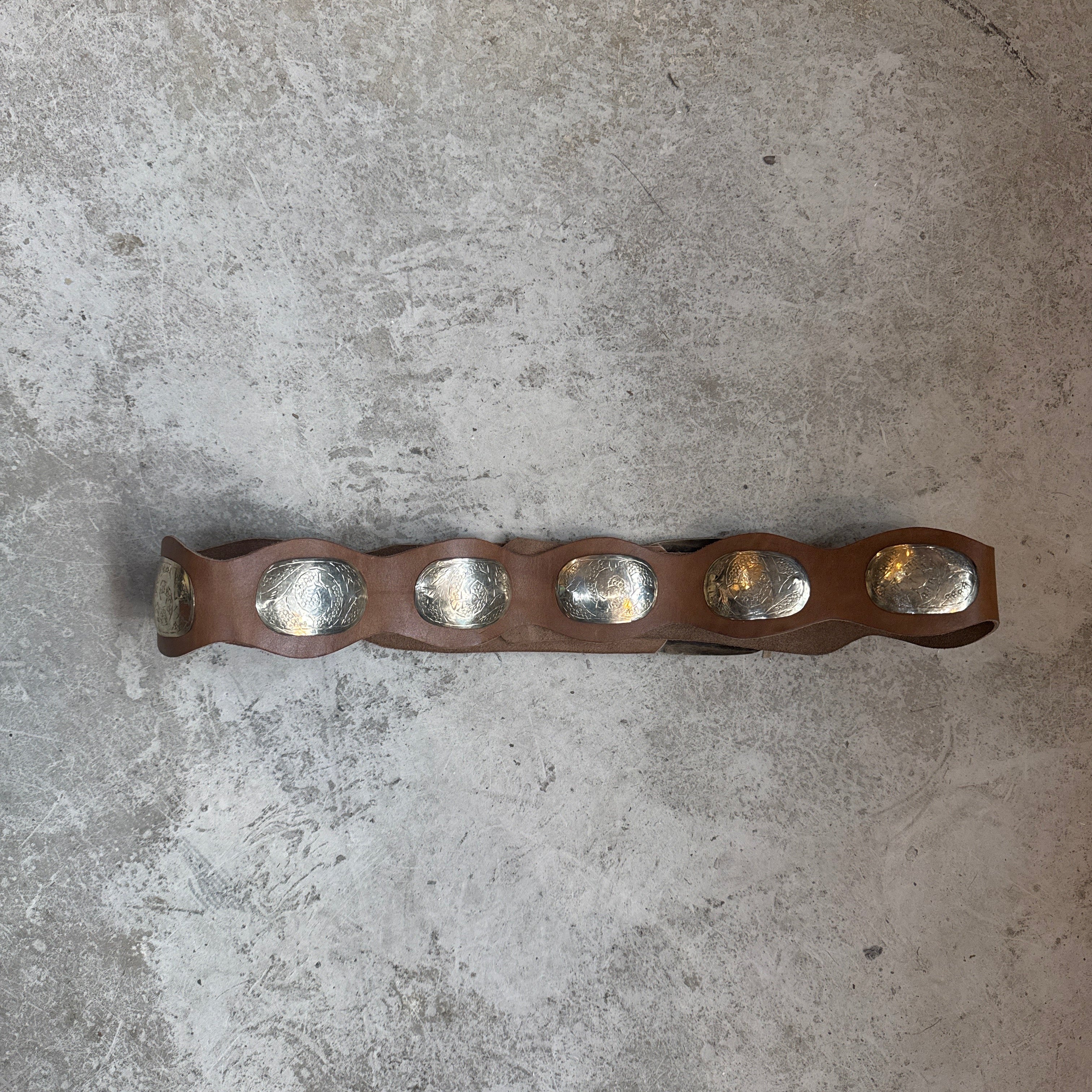 Boho Moroccan wave Leather Belt – light Brown with Silver Detailing