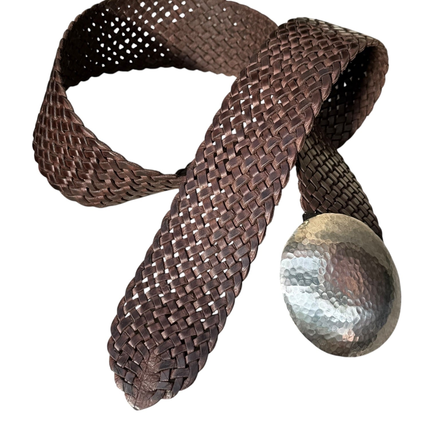 Wide Moroccan Braided Leather Belt with Silver Round Buckle