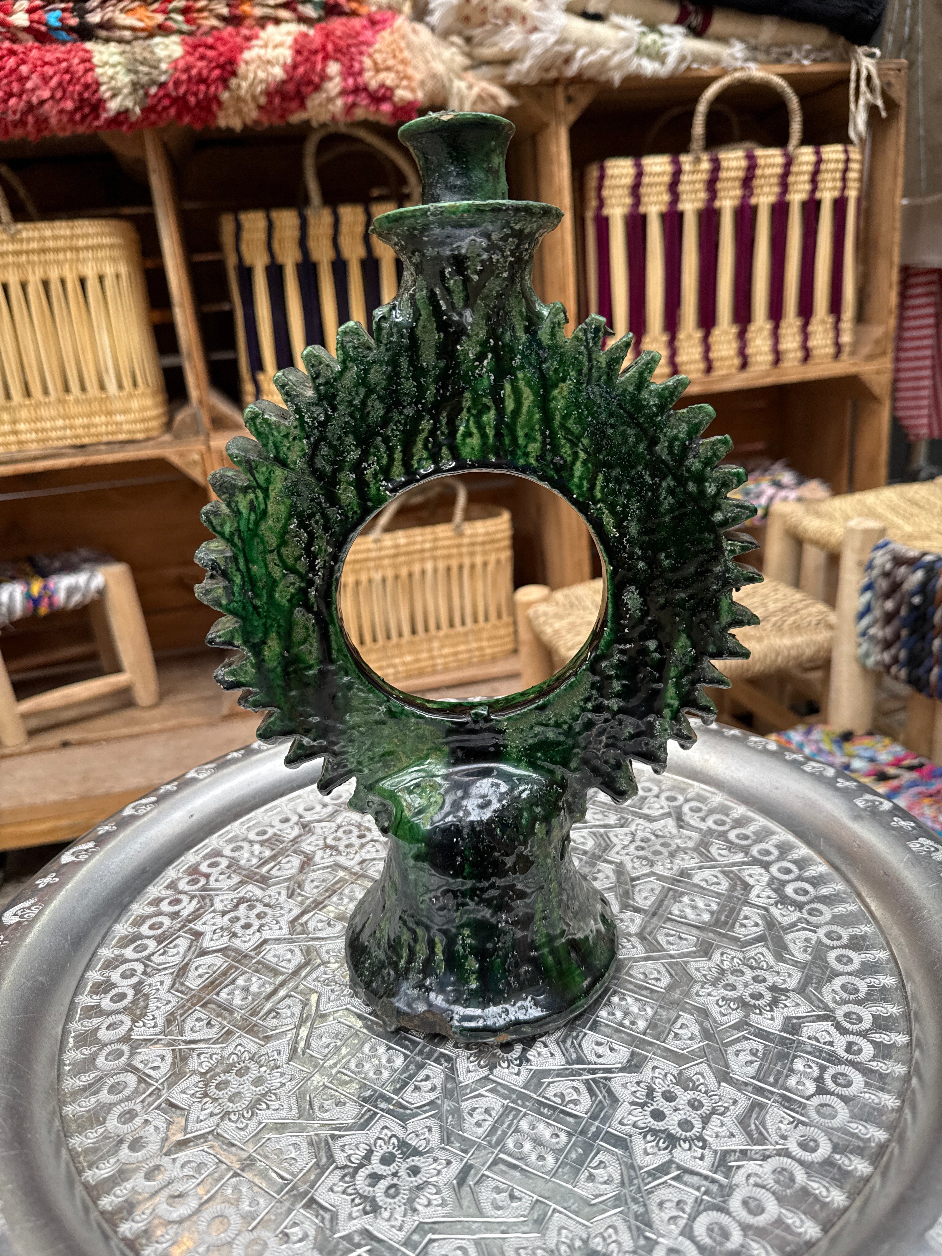 Round cut edge Sun Tamegroute Candle Holder – Handcrafted Moroccan Green Pottery