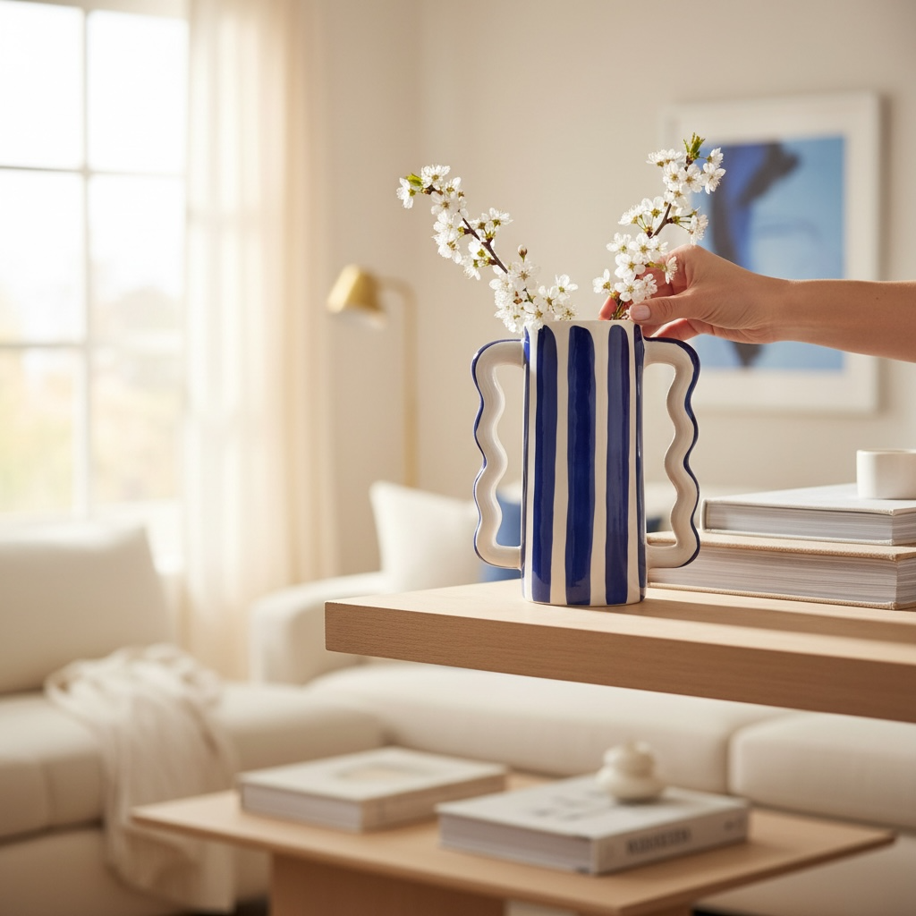 Artisan-Made Moroccan Wavy-Handle Striped Vase