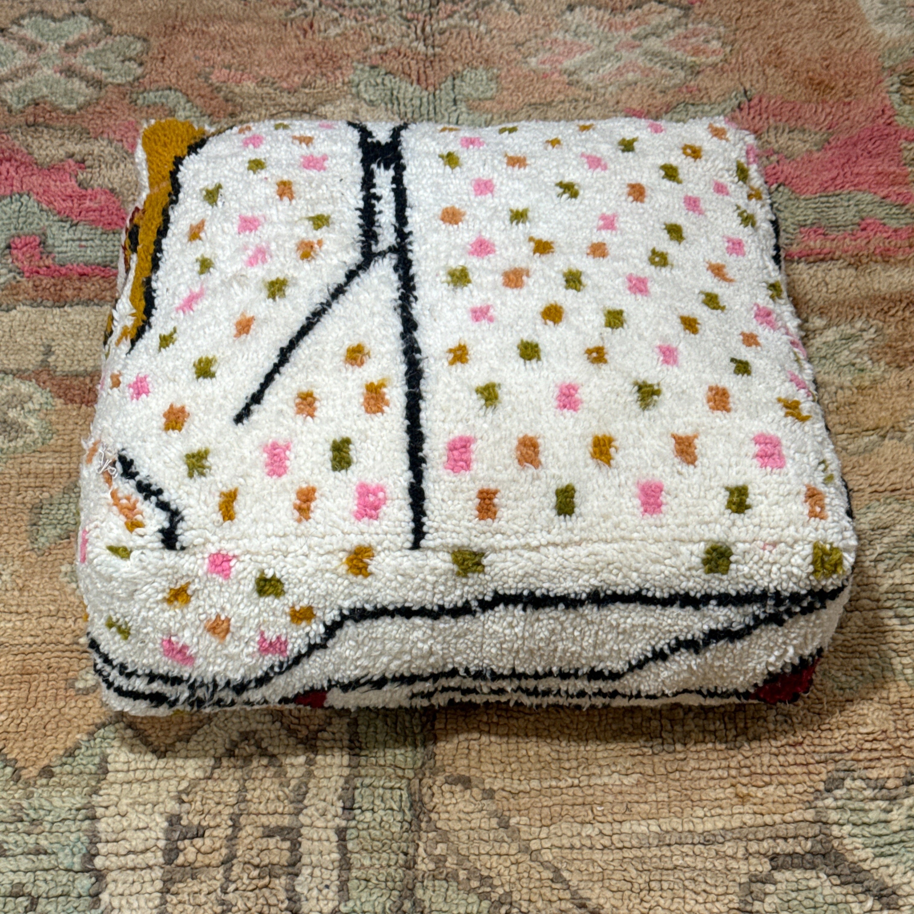 Vintage Moroccan Boujaad Pouffe – White with Multicolour Dots & Black Line (60×60×20 cm)