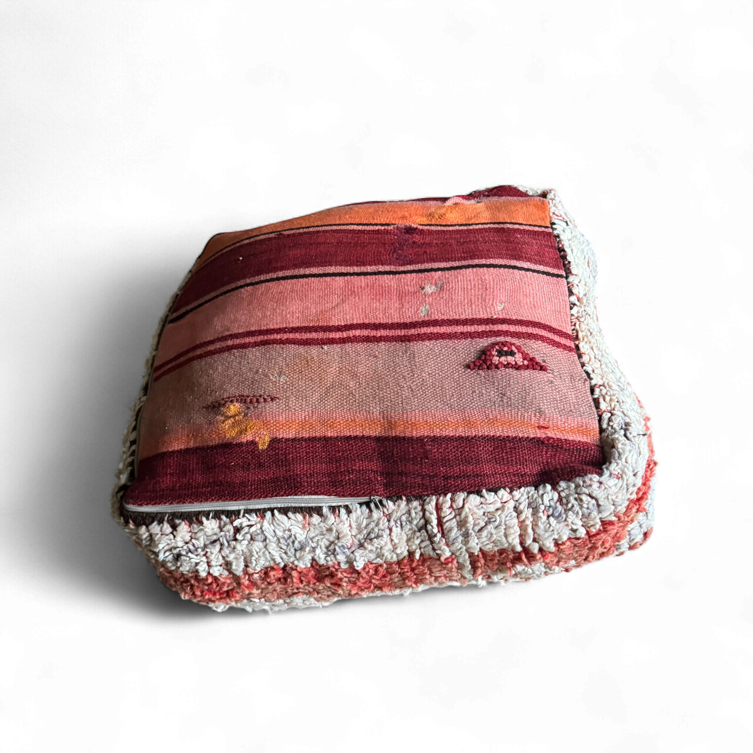 Handmade Boujaad Pouffe – Cream & Peach Wool | 60x60cm